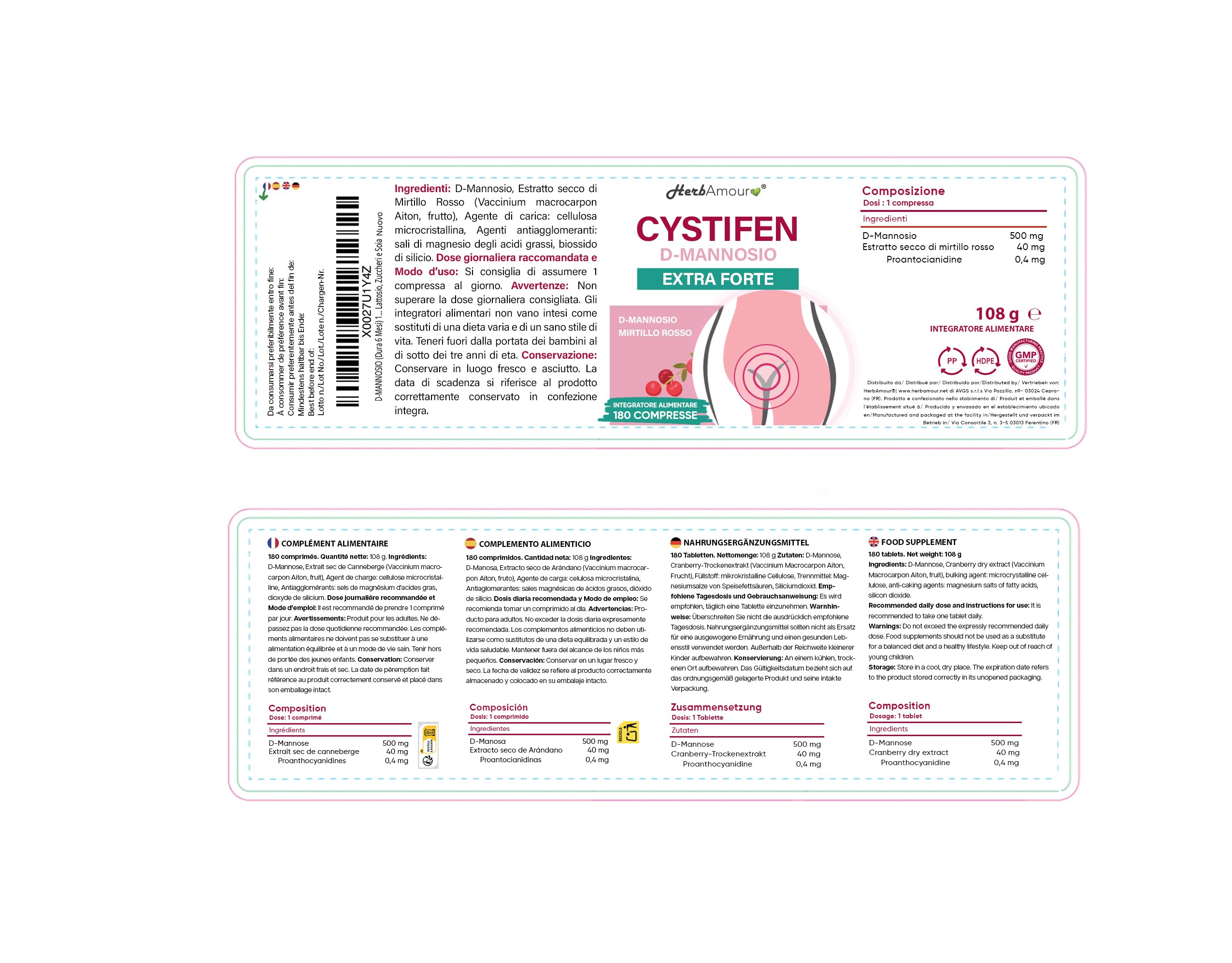 D-MANNOSIO (Dura 6 Mesi) 180 Compresse Alto Dosaggio e Assorbimento I D-Mannosio Da 500 mg. + Mirtillo Rosso E.S. Da 40 mg. | Senza Glutine, Lattosio, Zuccheri e Soia