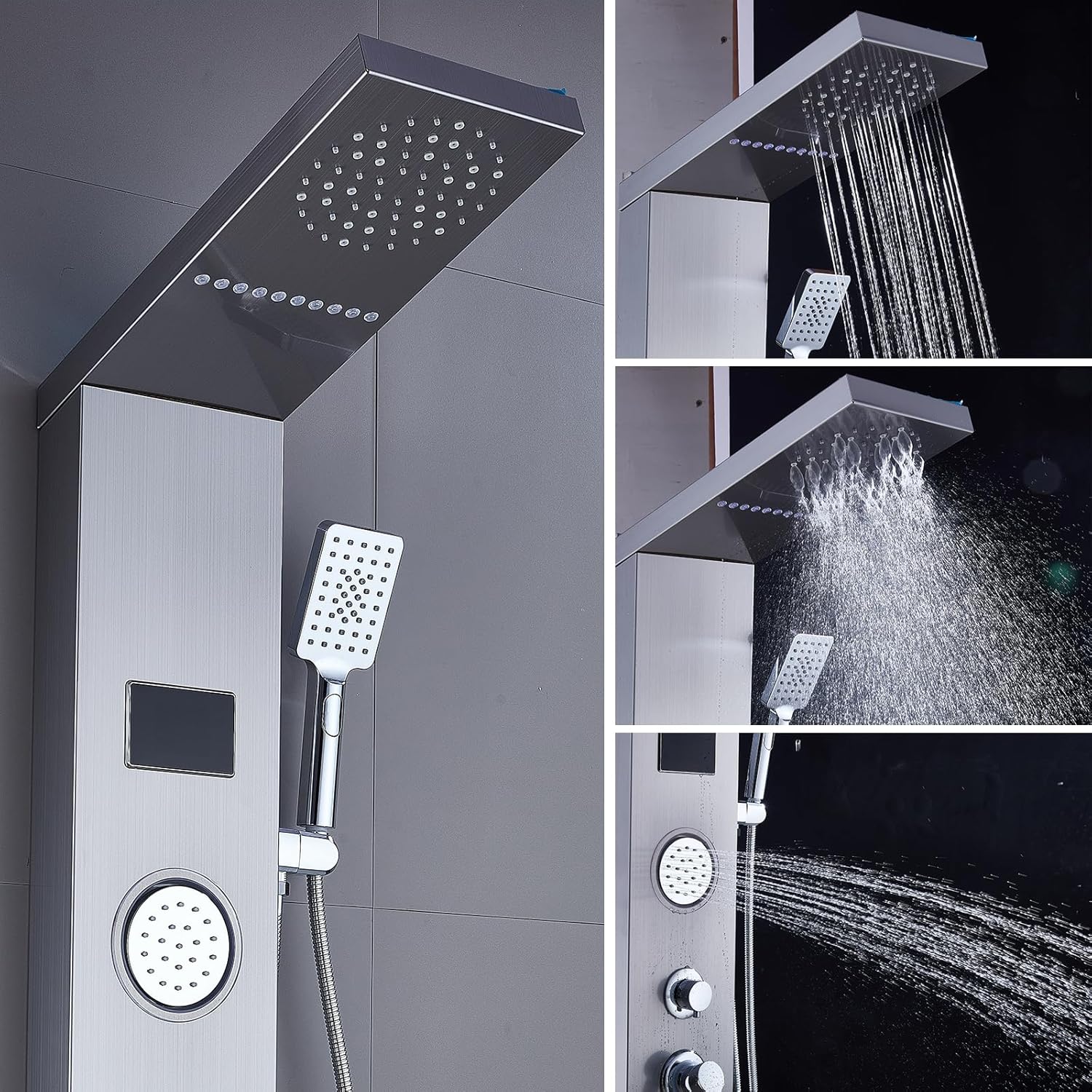ELLO&ALLO Shower Panel System Tower, LED Rainfall and Mist Head Rain Massage Stainless Steel Bathroom Fixtures with LED Body Jets, Brushed Nickel