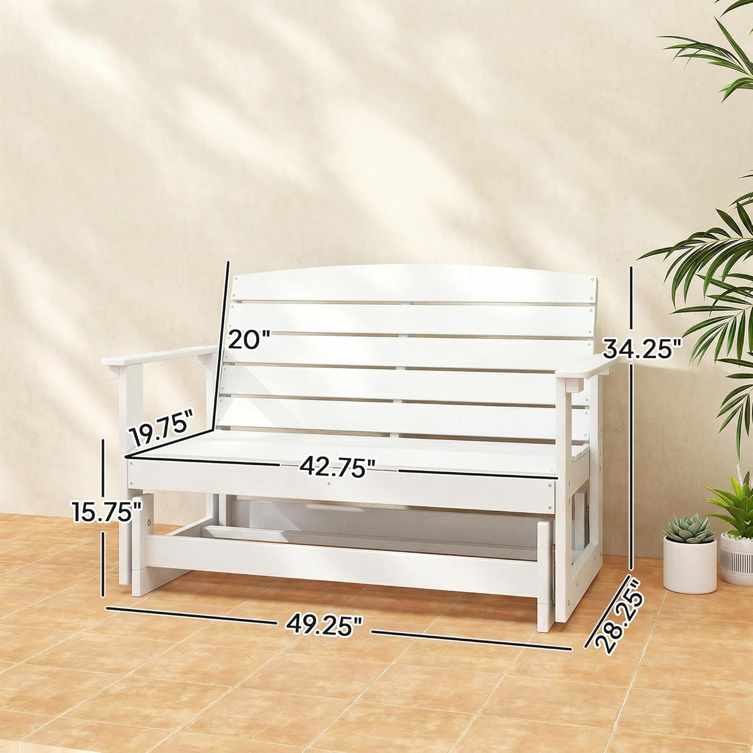 Outsunny 2-Person Outdoor Glider Bench, HDPE Weather Resistant Patio Double Swing Glider Rocking Chair Loveseat with Armrests, Slatted Seat and Backrest for Backyard Garden Porch, White