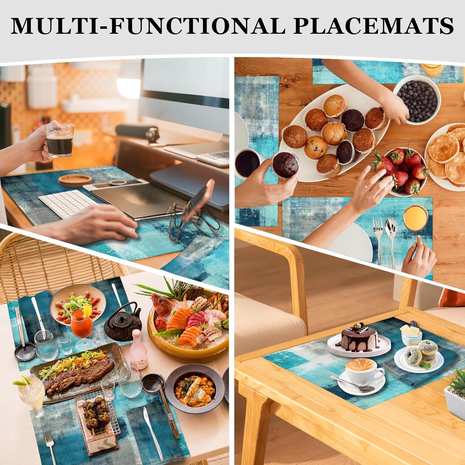 MCALK 4 Each Turquoise Placemats and Cloth Napkins Set of 8, Modern Abstract Art Painted Placemat for Home Kitchen Decor (Placemats 18 "x12 Cloth Napkins 18 "x18)
