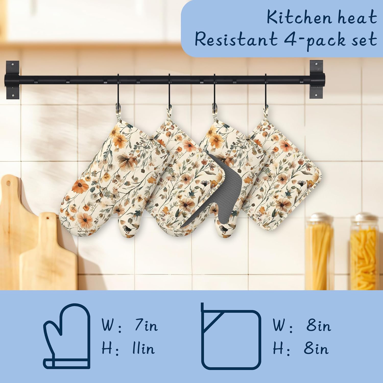Kitchen Mitts Set,Rustic Floral Oven Mitts and Pot Holders Sets,Thick Cotton Heat Resistant Vintage Farmhouse Flower Hot Pan Holder Extra Long Cooking Mitts for Cooking Baking Grilling BBQ Bakeries