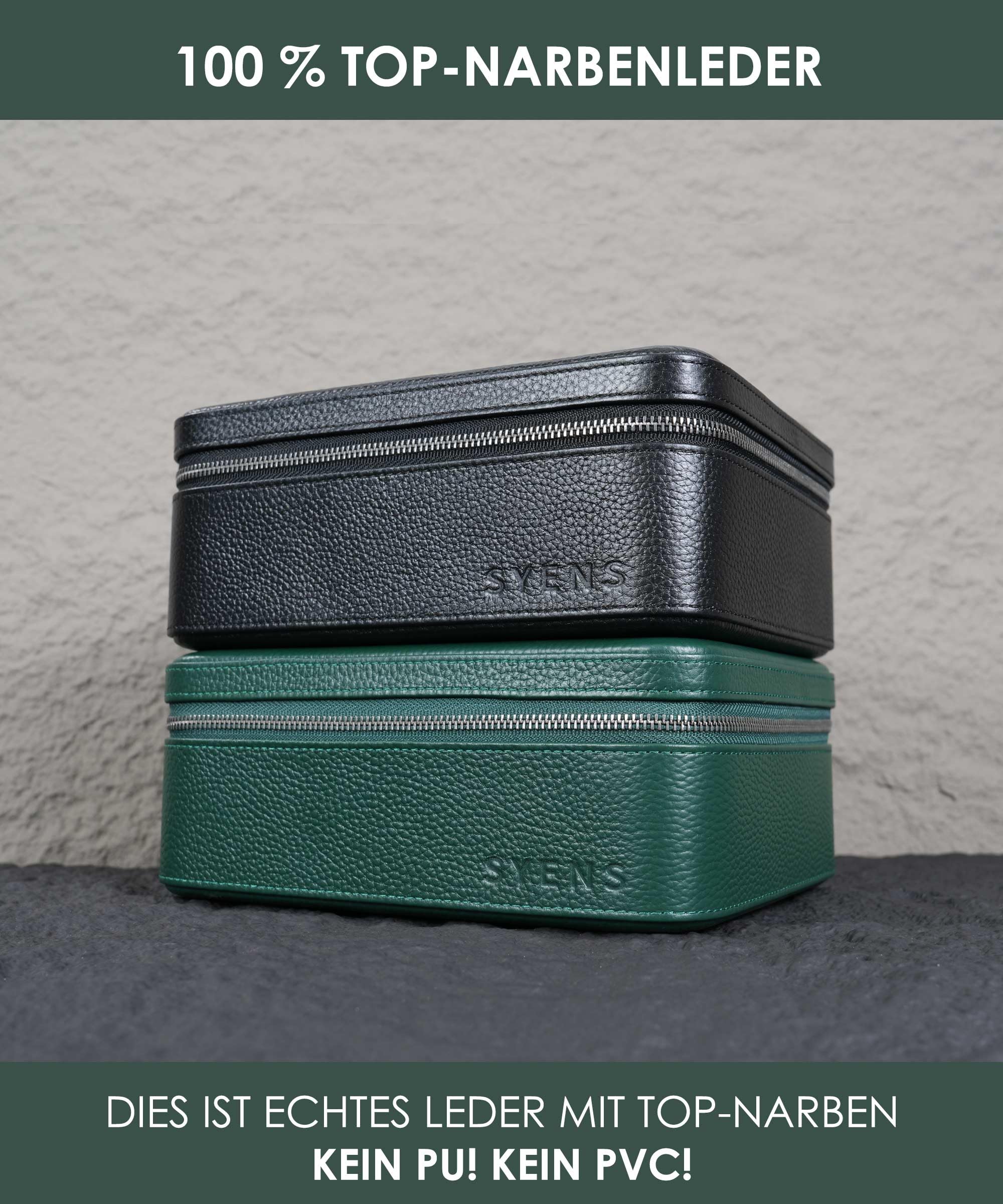 Caja de cuero auténtico para hombre, estuche de viaje con compartimento para gafas, bolsa de transporte de piel auténtica granulada para 3 relojes, rollo de viaje, cremallera (verde)
