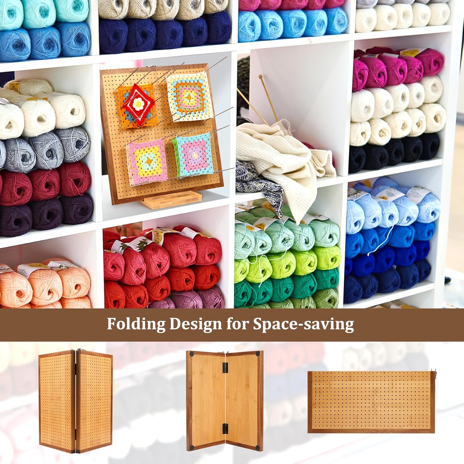 17.0" Foldable Crochet Blocking Board with 35 Stainless Steel Pegs - Upgrade Large Blocking Boards for Crochet Projects, Bamboo Granny Square Crocheting Accessories Gifts for Crocheters