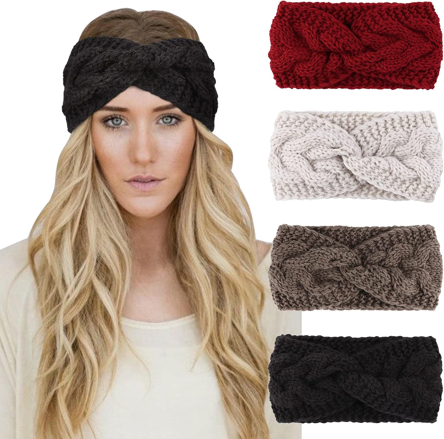 DRESHOW Winter Knit Chunky Headbands for Women Crochet Turban Knitted Ear Warmer Head Wrap Winter Accessories 4 Pack
