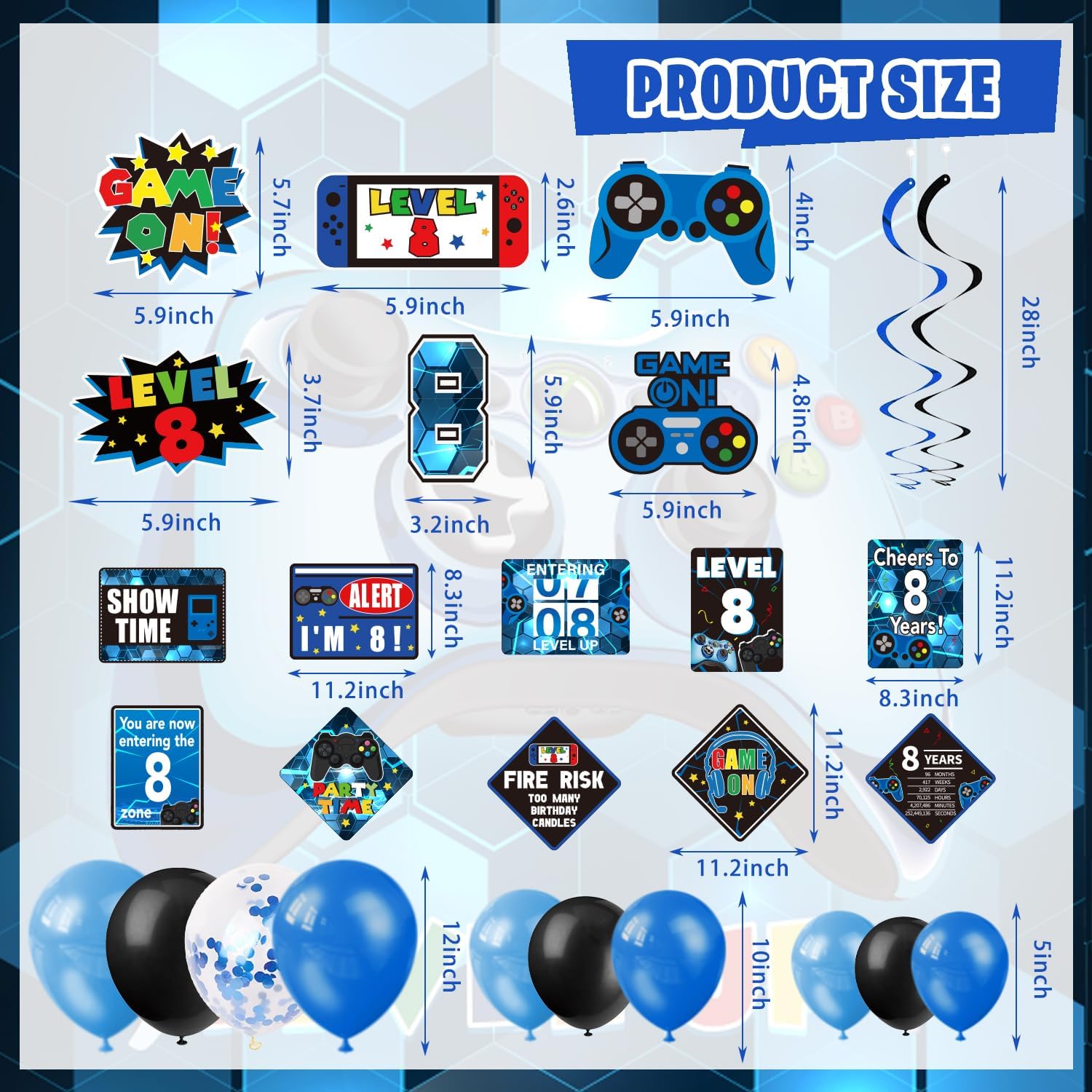 KOTLMIGHT 8th Birthday Decorations for Boys, 148Pcs Blue Video Game level 8 Party Supplies for Boy 8th Birthday - Backdrop, Banner, Balloons, Tablecloth, Centerpieces, Hanging Swirls, Wall Signs