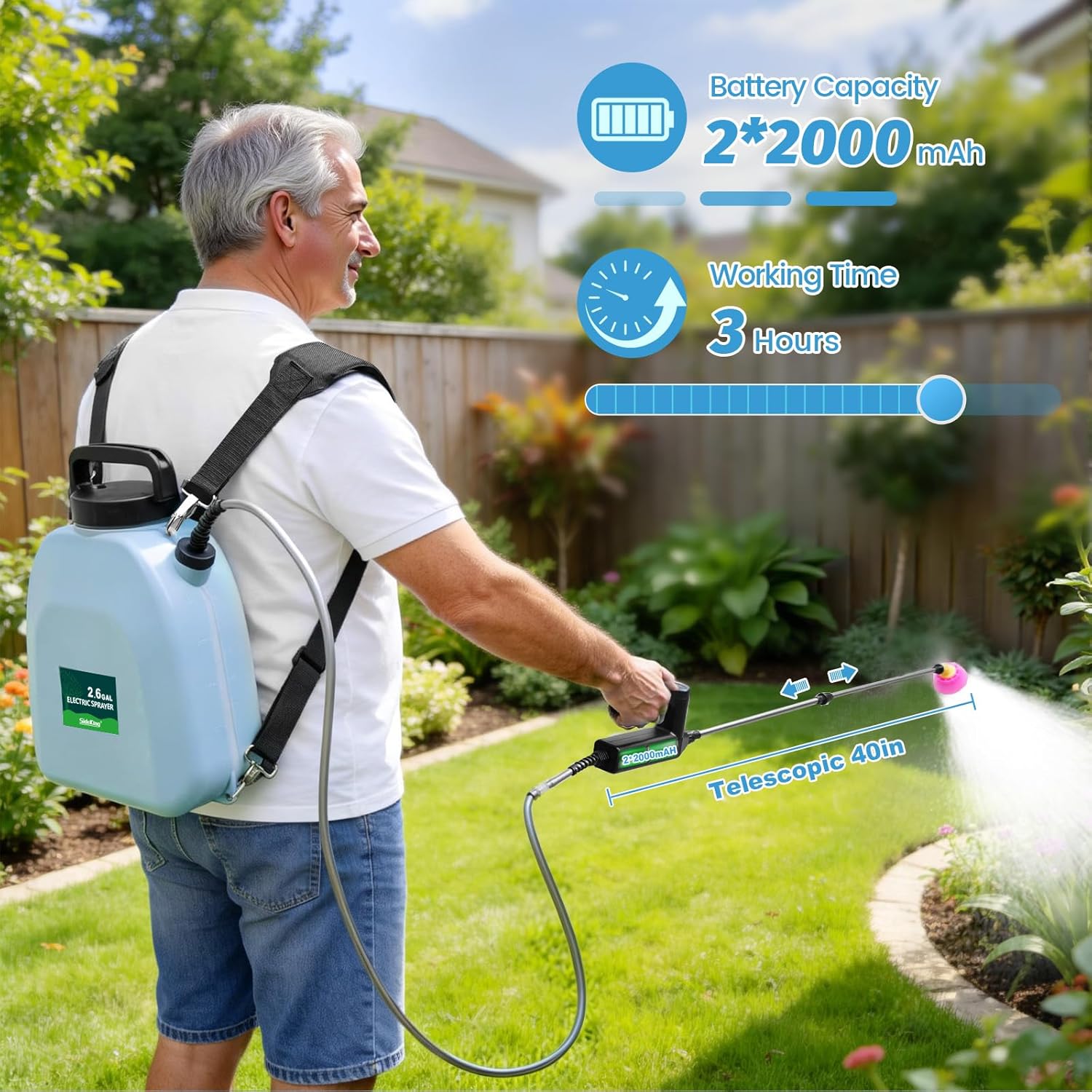 2.6 Gallon Battery Powered Backpack Sprayer, Electric Weed Sprayer with 3 Adjustable Pressures, Battery Indicator, 5 Nozzles & 40" Telescopic Wand, Rechargeable Garden Sprayer for Lawn & Yard