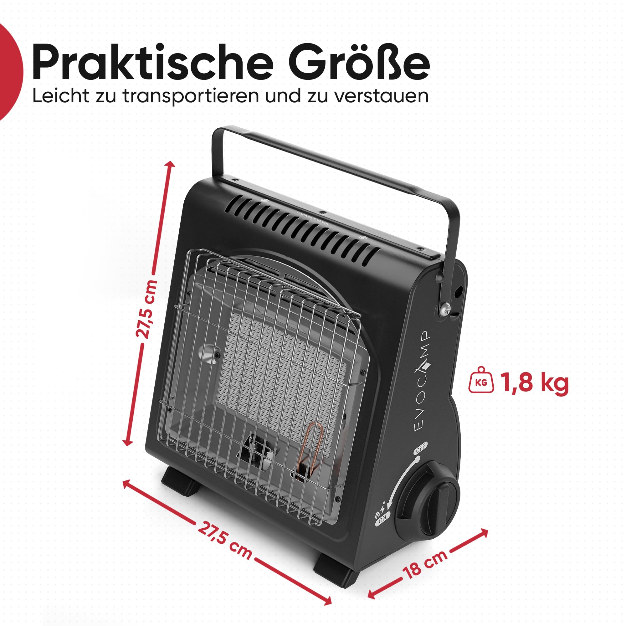 EVOCAMP Tragbare Gasheizung, Camping Heizung 1,7 kW, multifunktionale Keramikheizung, perfekte Gasheizung für den Outdoor-Einsatz mit ODS (Sauerstoffmangelsicherung), Heizstrahler, Zeltheizung
