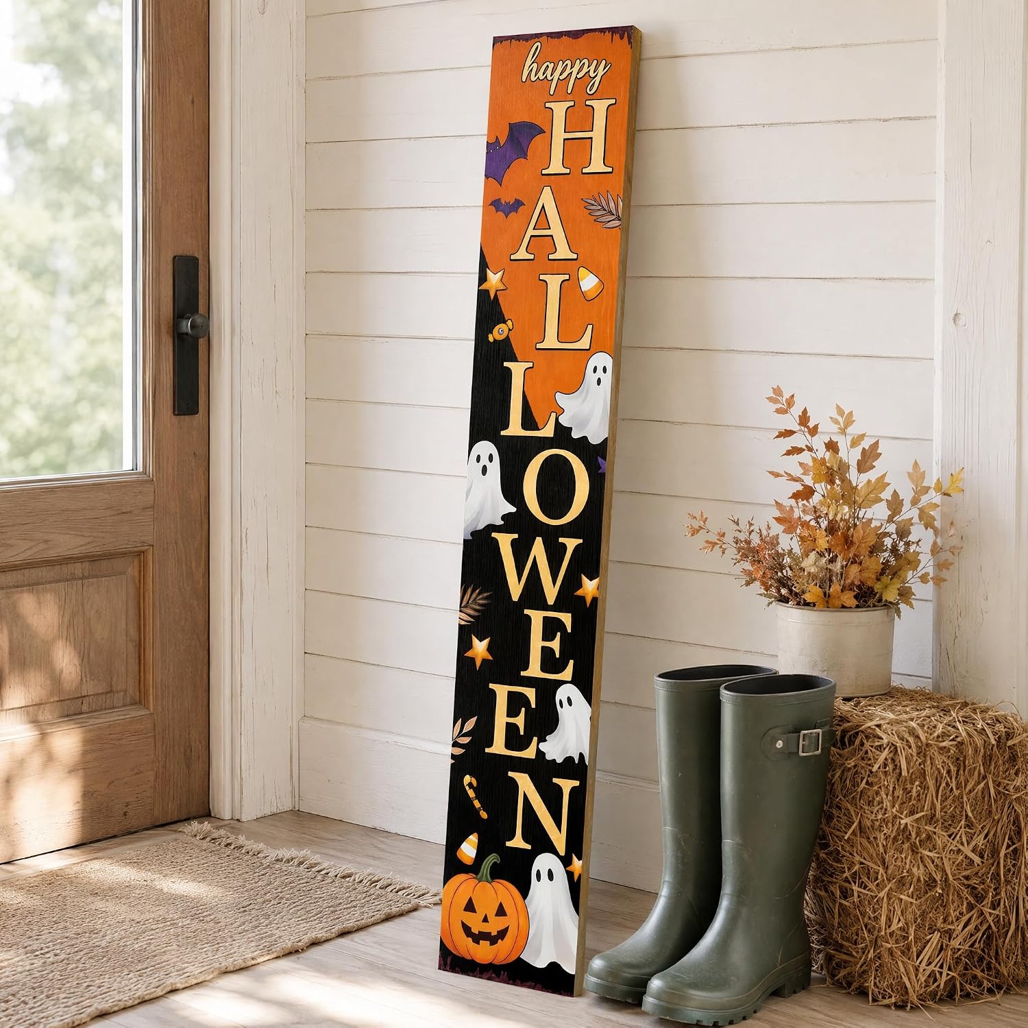 Happy Halloween Vertical Wooden Porch Sign, Spooky Ghost Pumpkin Bat Candy Tall Welcome Hanging Sign, 47.2 Inch Long Halloween Front Door Decor Hang or Lean Against Wall for Indoor Outdoor Farmhouse