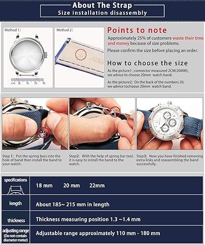 Miniatura 7 de BINLUN Correa de reloj de nailon elástica de 18 mm, 20 mm, 22 mm, estilo Marine Nationale, para paracaidismo militar, de repuesto, para hombre y