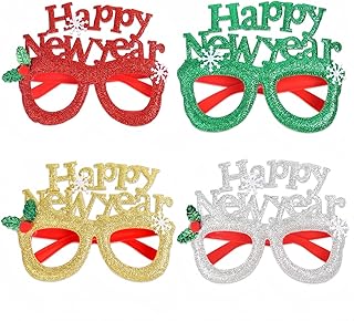 4Pcs Happy New Year Eyeglasses Plastic Glitter New Year 2026 Photo Props Glasses Frames for NYE Party Decorations New Years Eve Party Supplies Celebration Accessories
