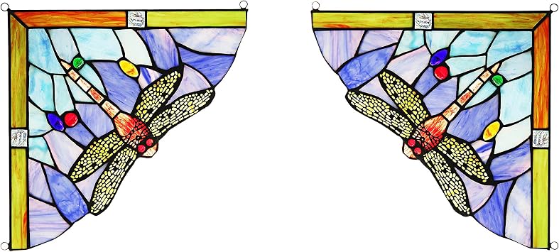 Aeiniwer Radiance Goods Dragonfly Tiffany-Glass Panel Window Corner 10" Wide, 2pcs SetQ