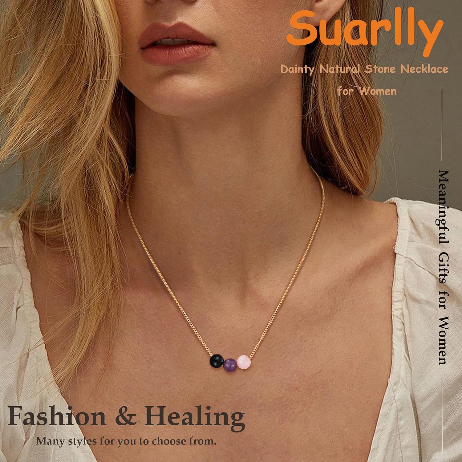 Healing Crystal Necklace for Women 14k Plated Gold Beaded Necklace Anxiety Relief Triple Protection Amethyst Gifts for Friends Sister Mom Daughter Jewelry