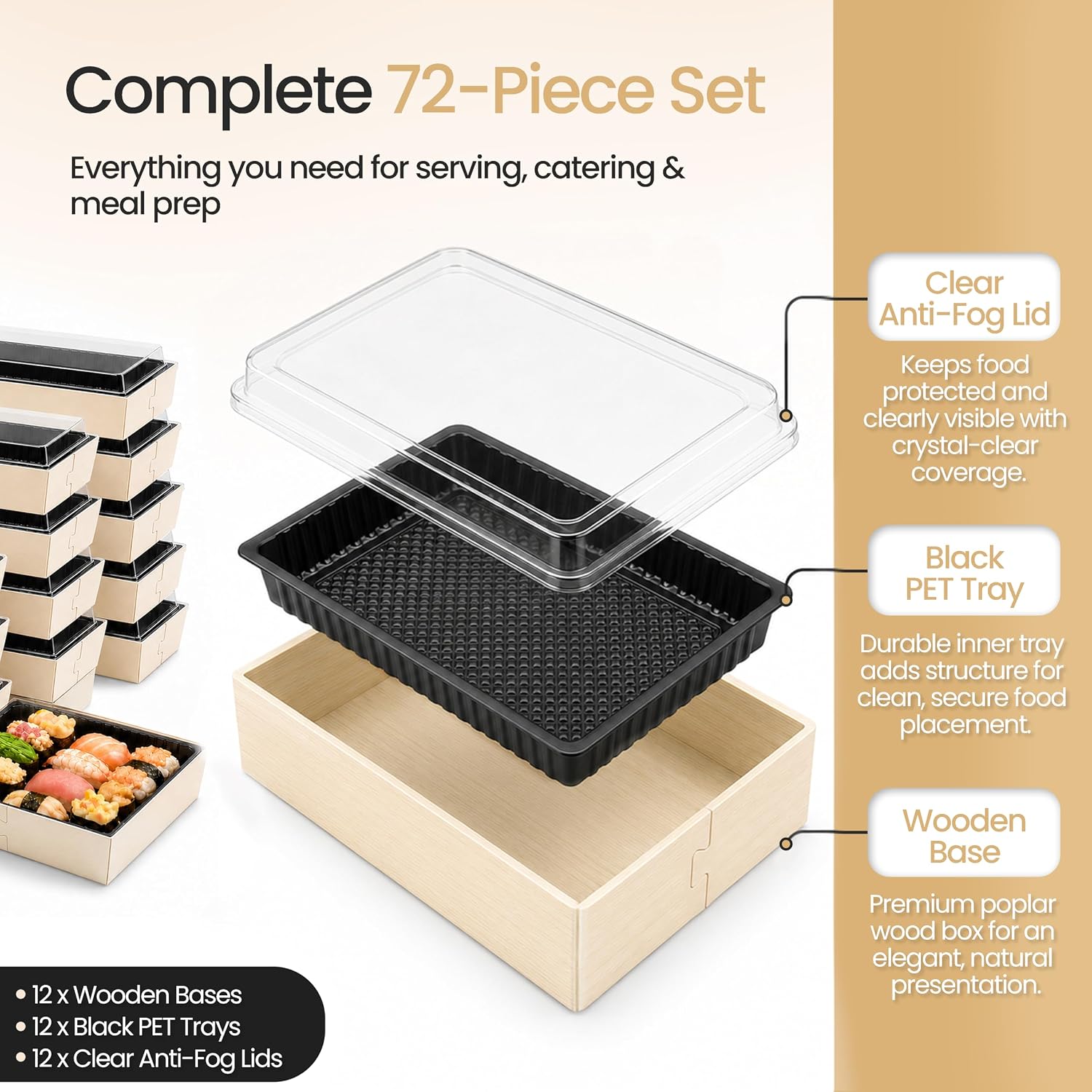 24-Pack Wooden Bento Boxes 7.28" × 5.51" × 2.44" with Clear Anti-Fog Lids & Black PET Trays, Disposable Japanese Food Containers for Sushi, Meal Prep, Catering, Takeout & Charcuterie image 3