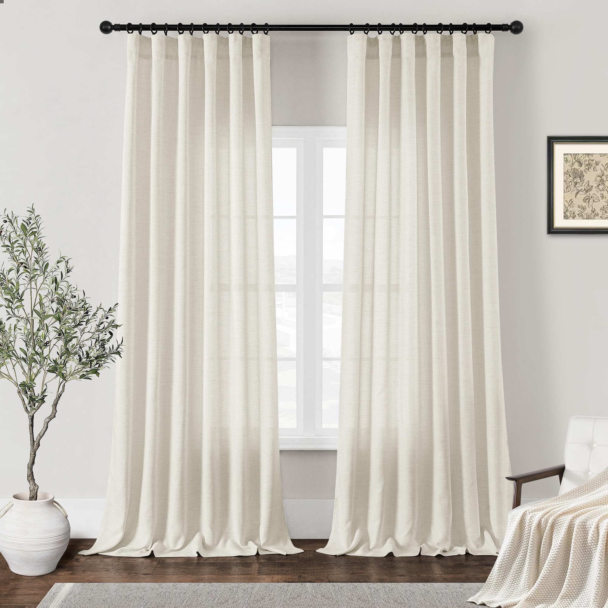 Natural Linen Curtains 107 Inches Long for Living Room 2 Panels Set Light Filtering Semi Sheer Drapes Luxury Rod Pocket Hook Belt Privacy Boho
