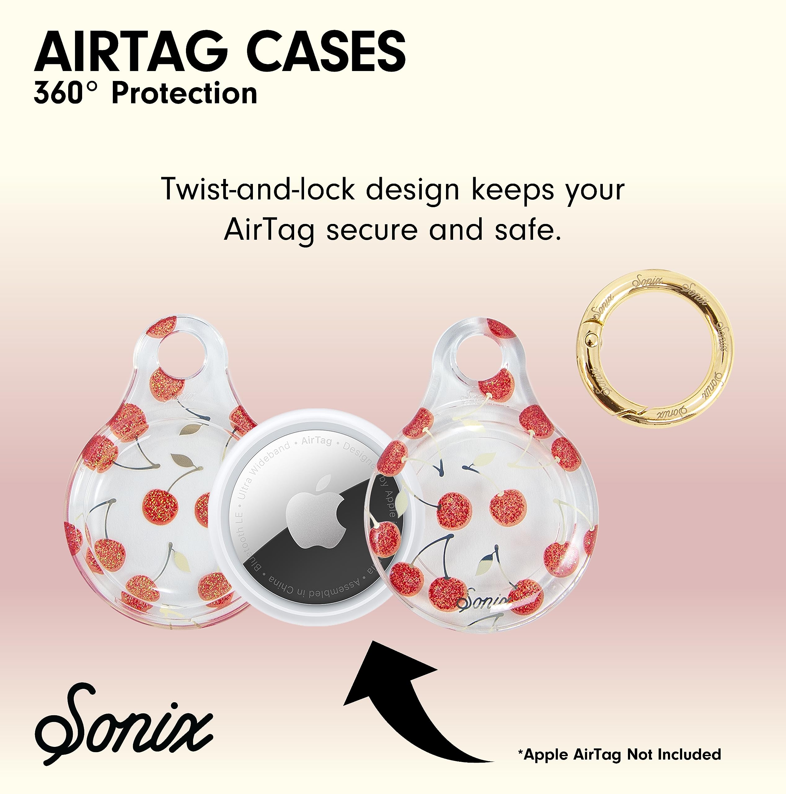The Sonix Cherry AirTag case features a secure hard cover and a stylish gold carabiner for easy attachment.