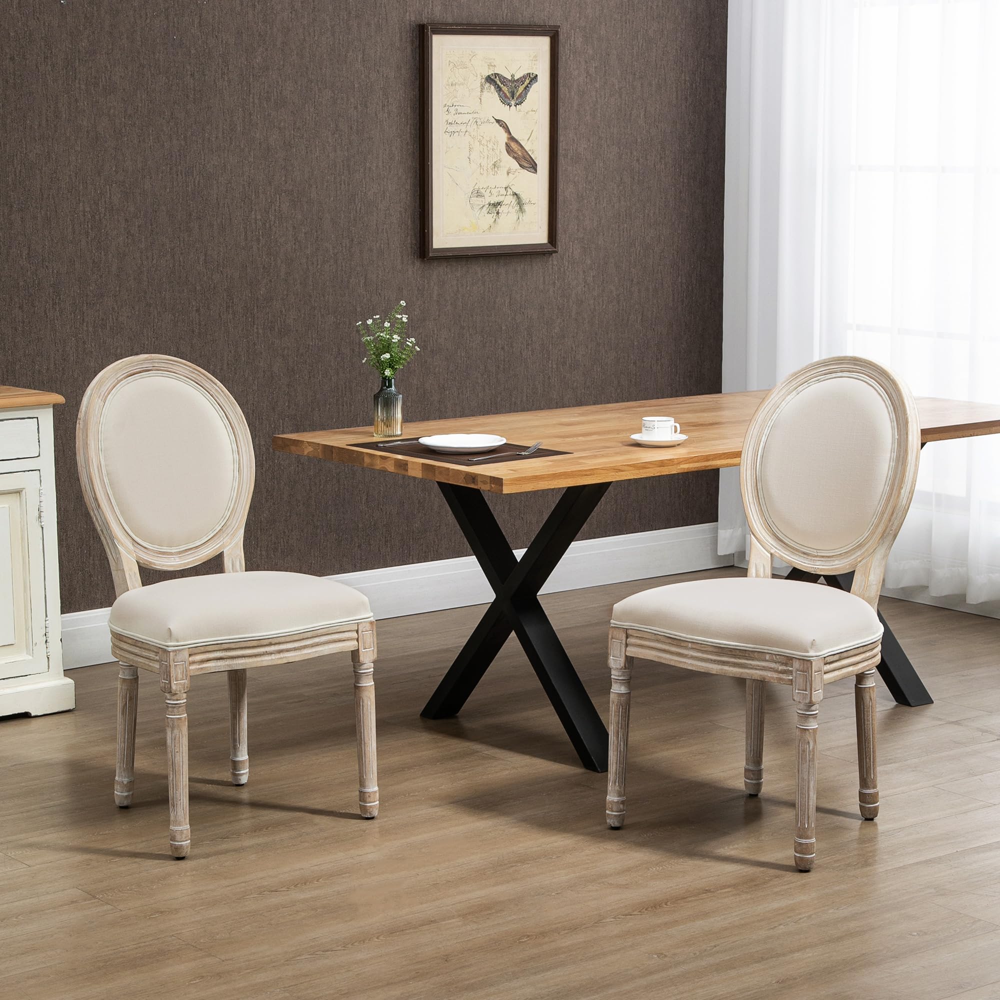 HOMCOM Set 2 Sedie Imbottite da Pranzo, Sedie per Soggiorno Stile Vintage Rétro in Legno e Tessuto Effetto Lino Bianco Panna 49x56x96cm
