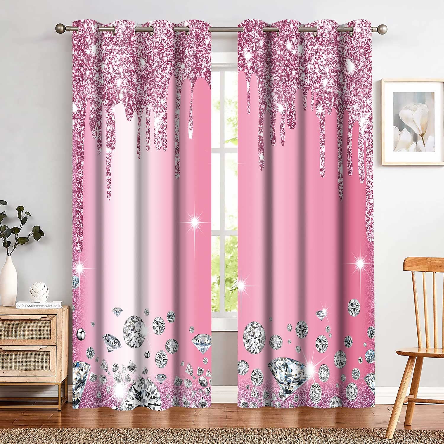 MIZSYE Pink Shiny Diamond Curtains Gorgeous Sparkling Drips Blackout Print Curtains Room Darkening Suitable for Girl Princess Bedrooms Living Rooms