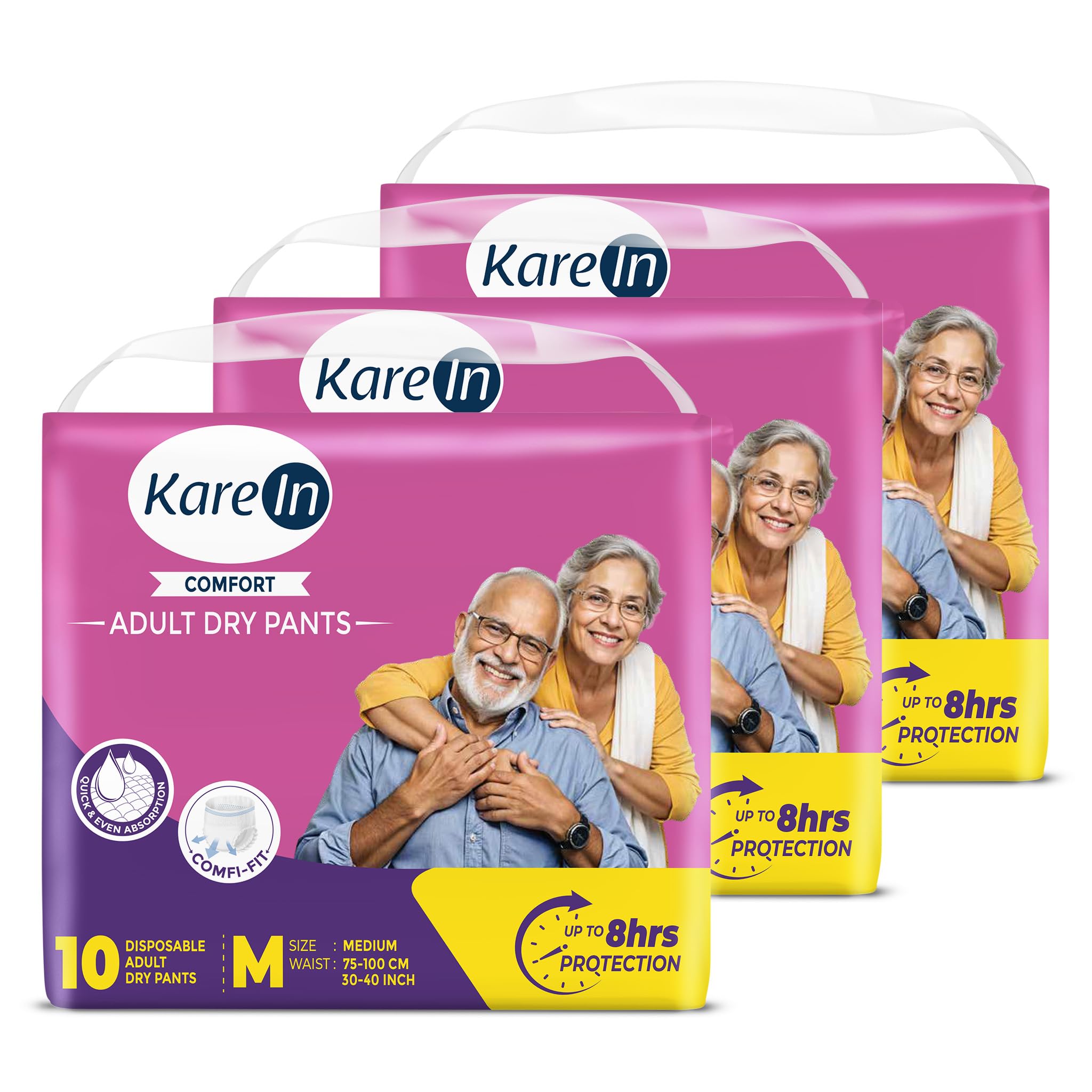 KareIn Comfort Adult Diaper Pants, Medium 75-100 Cm (30"- 40"), Unisex, Prevents Leakage & Heaviness, Odour Control, Elastic Waist, Wetness Indicator, Pack of 3, 30 Count