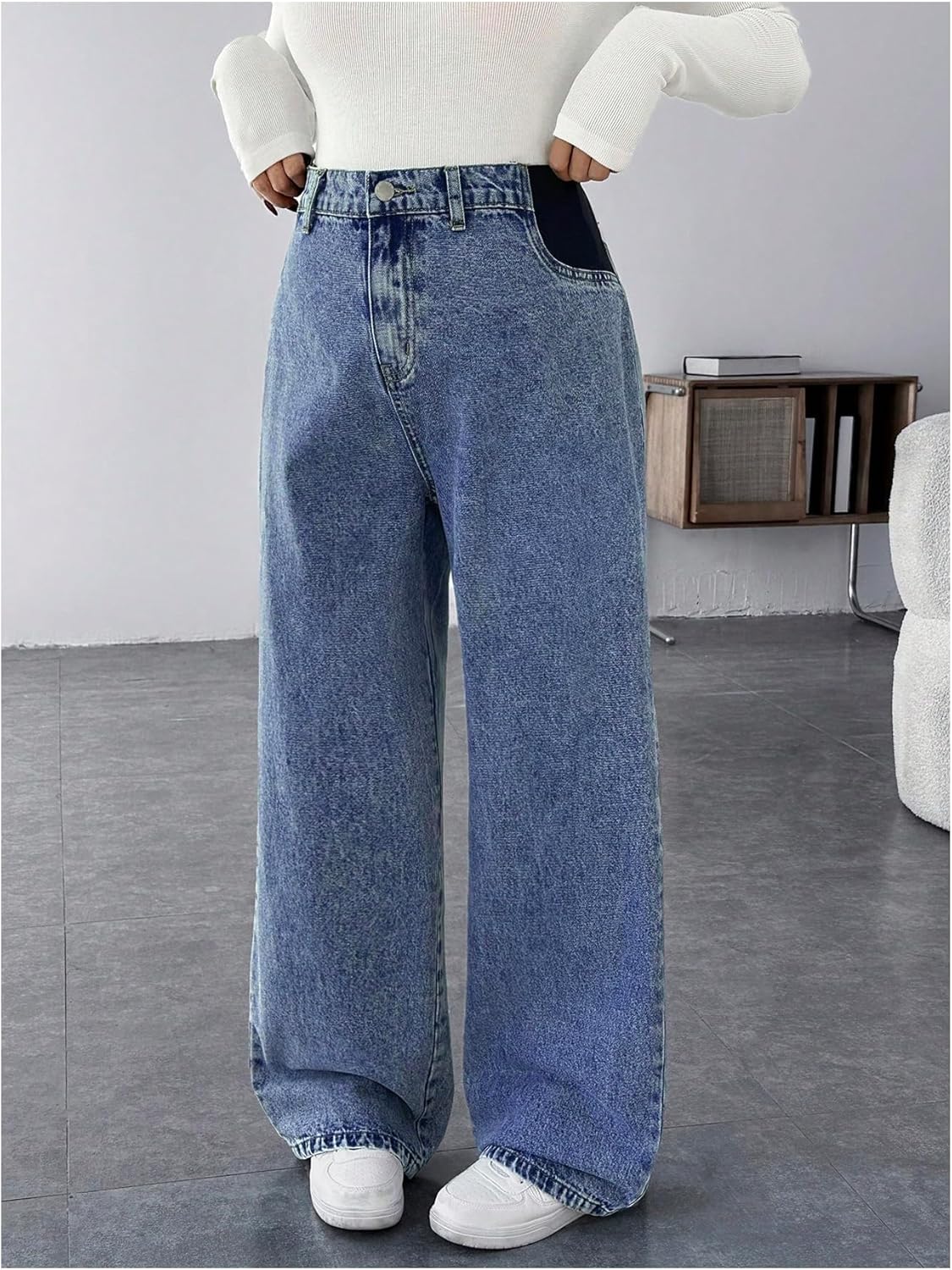 MakeMeChic Women’s Maternity Jeans Loose Wide Leg Over The Belly Straight Pregnancy Jeans Denim Pants