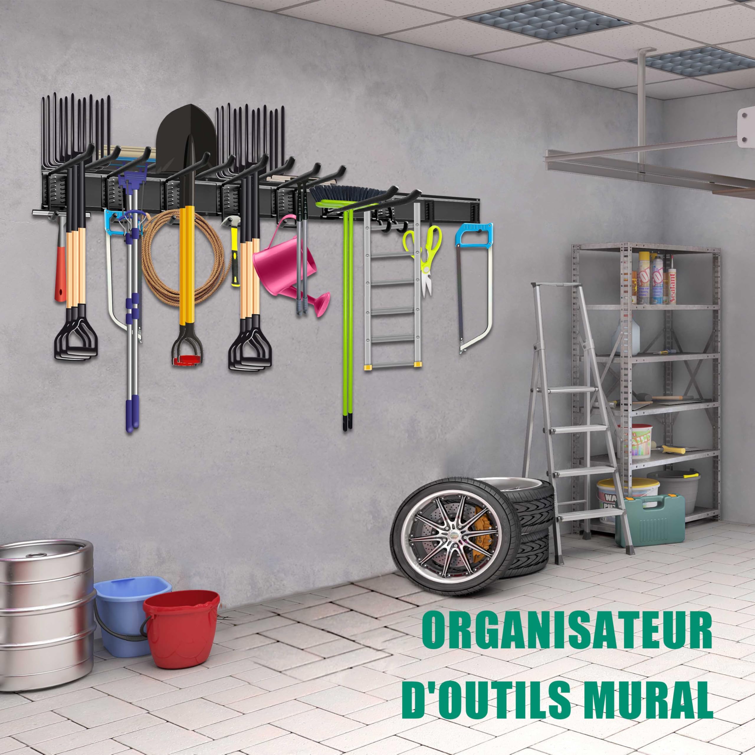 Mimoke Étagère murale pour garage et jardin, 3 rails avec crochets modulables, longueur totale 122 cm, robuste, pour équipements de jardin
