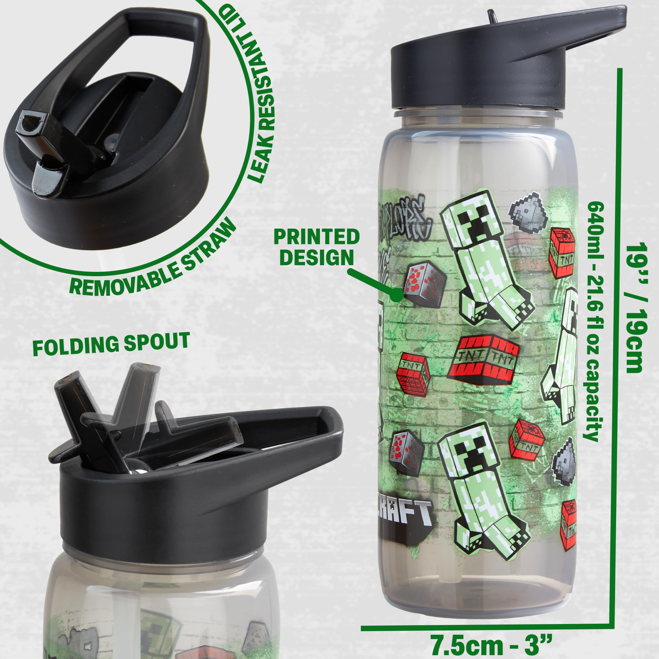 Get Trend Minecraft Porta Pranzo Bambini, Set 2 Pezzi con Senza BPA Bento Box 3 Scomparti e Borraccia Coperchio Apribile con Cannuccia 640ml, Scuola Idea Regalo (Multi Minecraft)