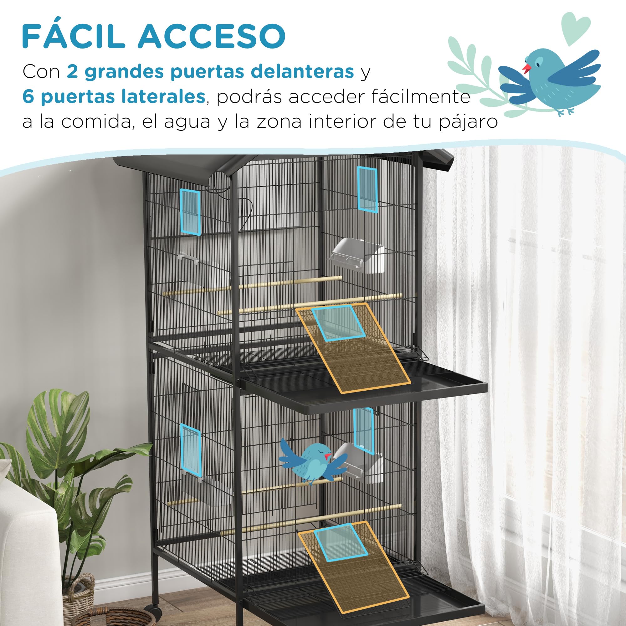 PawHut Jaula para Pájaros Grande de 2 Pisos Convertible en Sola Pajarera con Ruedas 4 Comederos 4 Perchas y Bandejas Extraíbles para Canarios Loros 78x75x168 cm Negro
