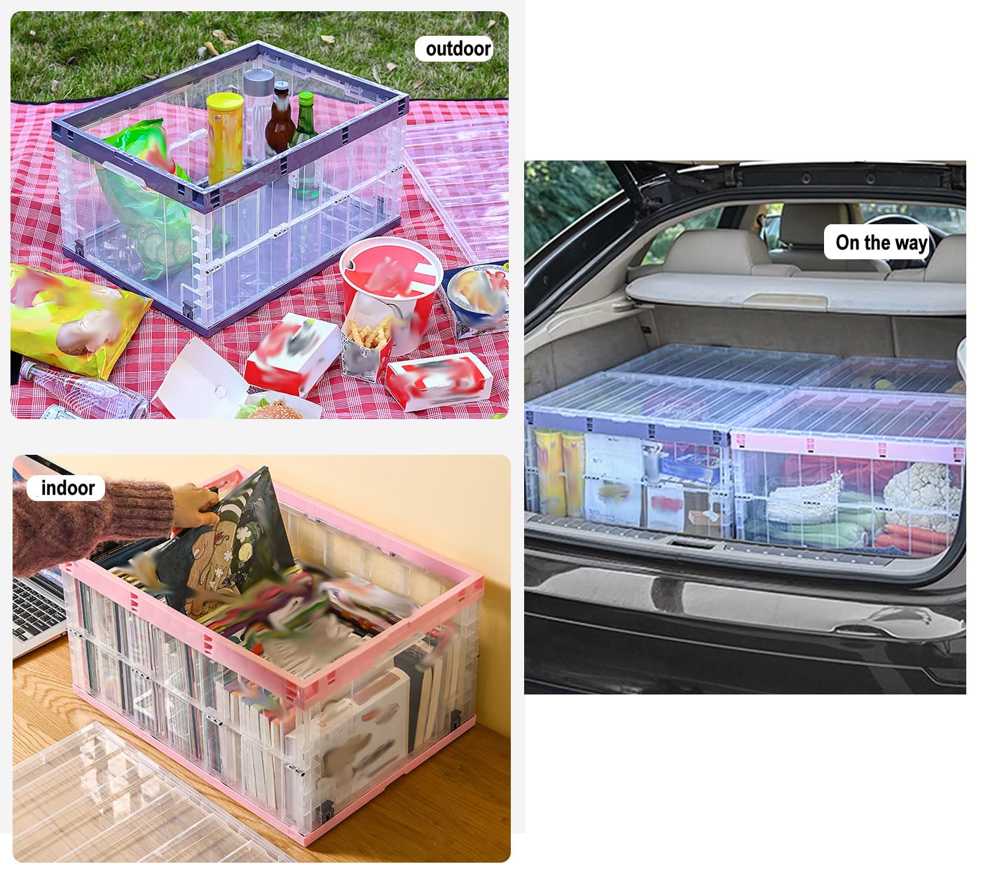 TUKA-i-AKUT 3x Faltbare Aufbewahrungsboxen mit Deckel, Stapelbar Faltbar, Stabile Stapelkisten mit Handgriff, Stapelbehälter Organizer Faltboxen Stapelboxen Durchsichtig, 3x 55L in 3 Farben TKD8640