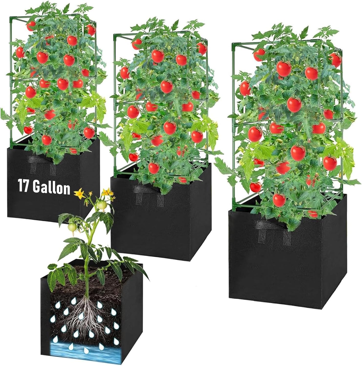 3 Pack Tomato Cages with 17 Gallon Grow Bags, 47” Heavy Duty Square Tomato Plant Stakes Support Cages Trellis for Garden Climbing Vegetables Flowers Fruits (47IN Tall, Extra-Bold)