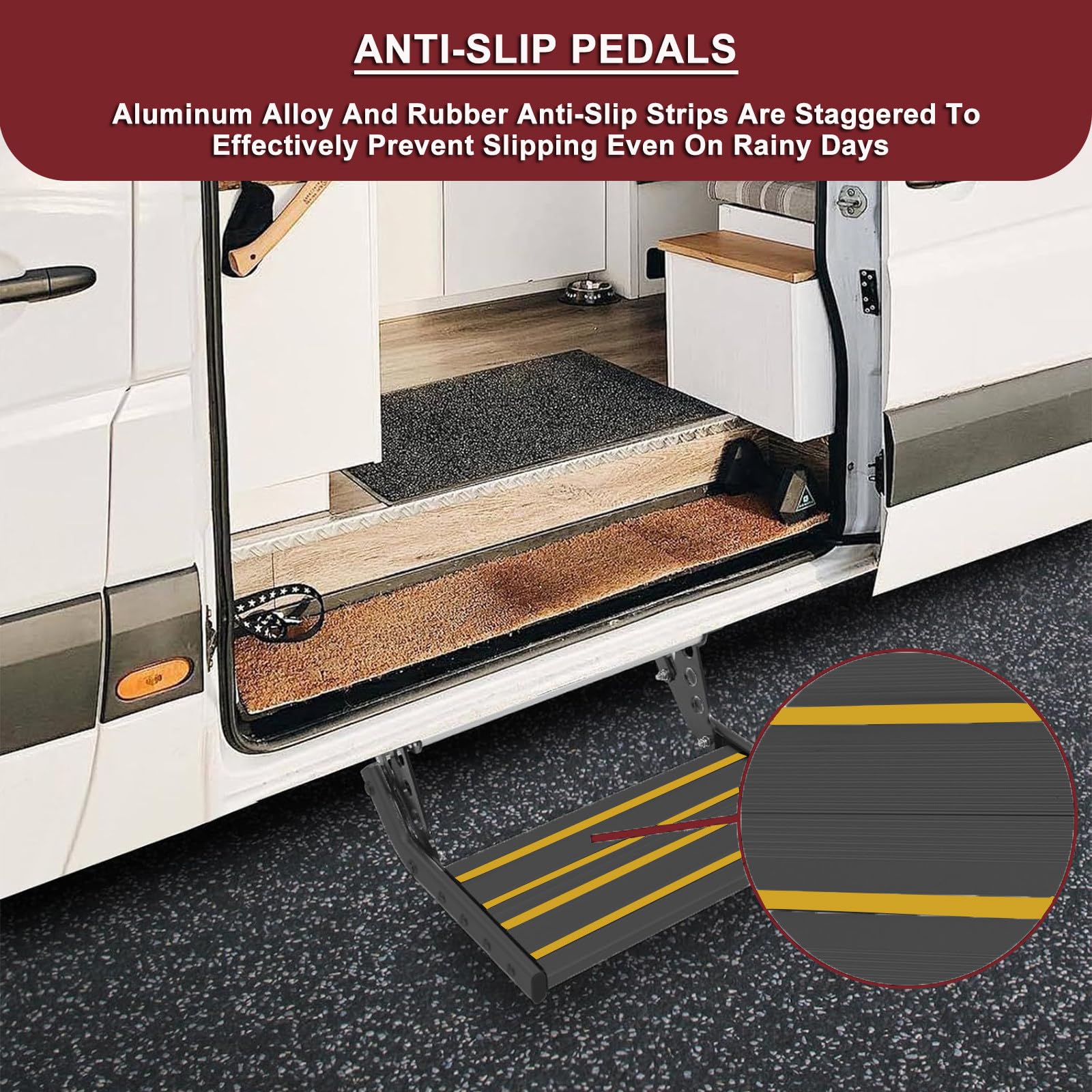 Jednowarstwowy RV Step Stool 440lbs Ładunek Anodowany aluminiowy chowany pedał wejścia z LED Light Anti Slip Safe do Camper Van Trailer Silver