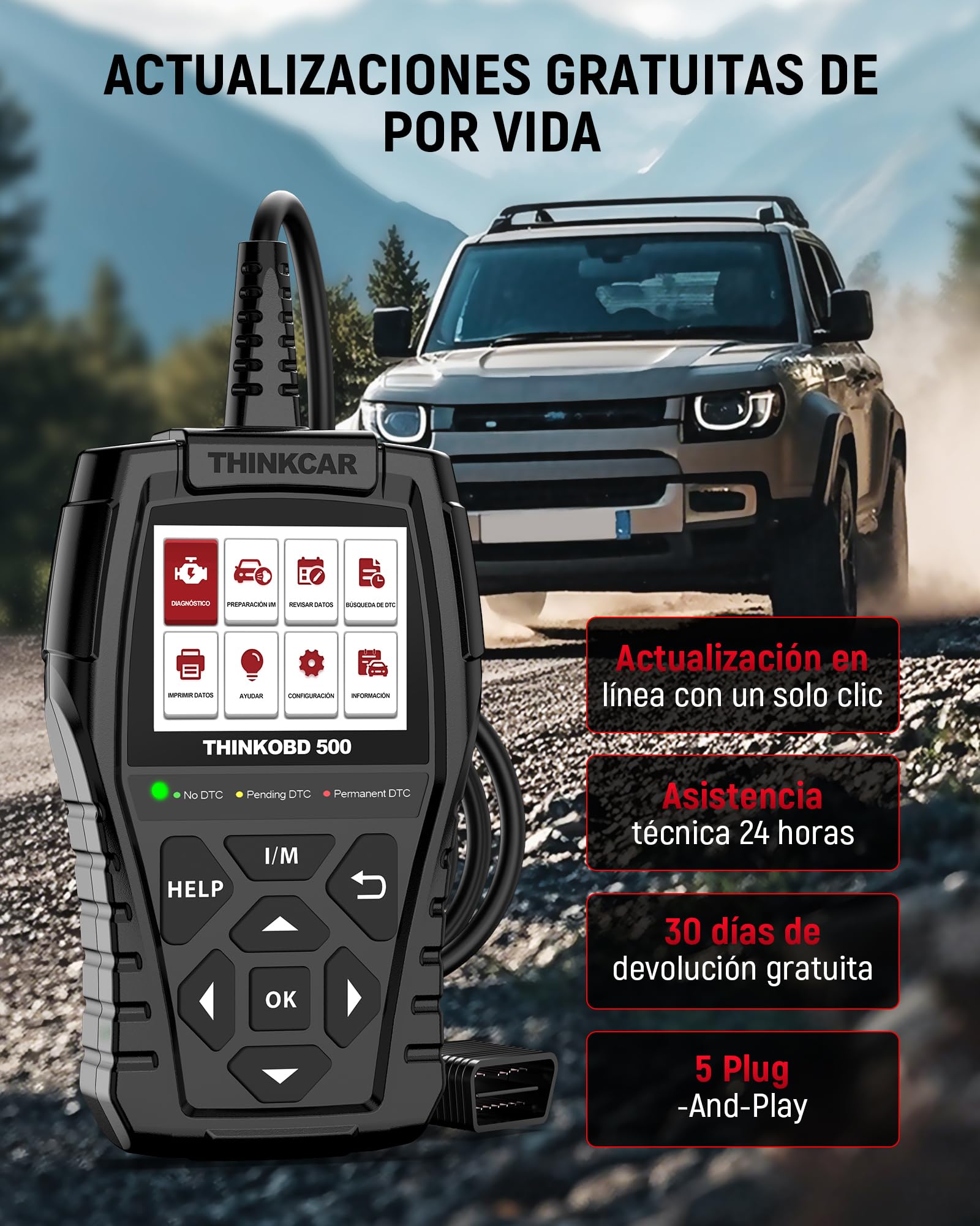 OBD2 Diagnosis, ThinkOBD 500 Diagnosis Coche Multimarca con Sistema del Motor, Diagnosis Coche Multimarca para Protocolos OBDII/EOBD, Verificación de Smog/Prueba EVAP/Apague MIL...