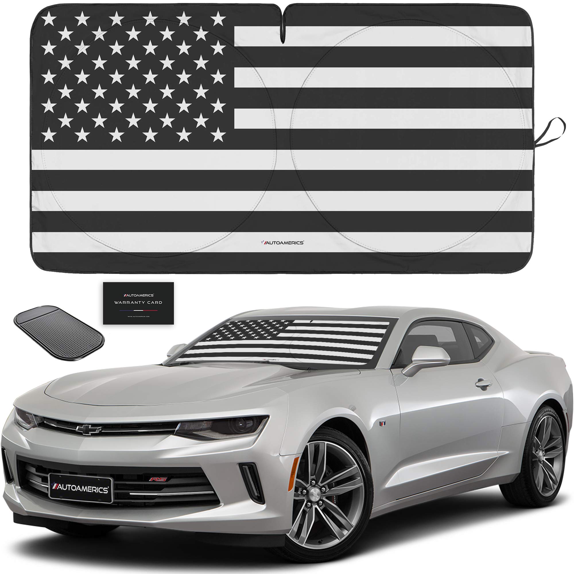 Autoamerics 1-Piece Windshield Sun Shade B&W American Flag USA Patriotic Design - Foldable Car Front Window Sunshade for Most Sedans SUV Truck - Blocks Max UV Rays and Keeps Your Vehicle Cool - Small