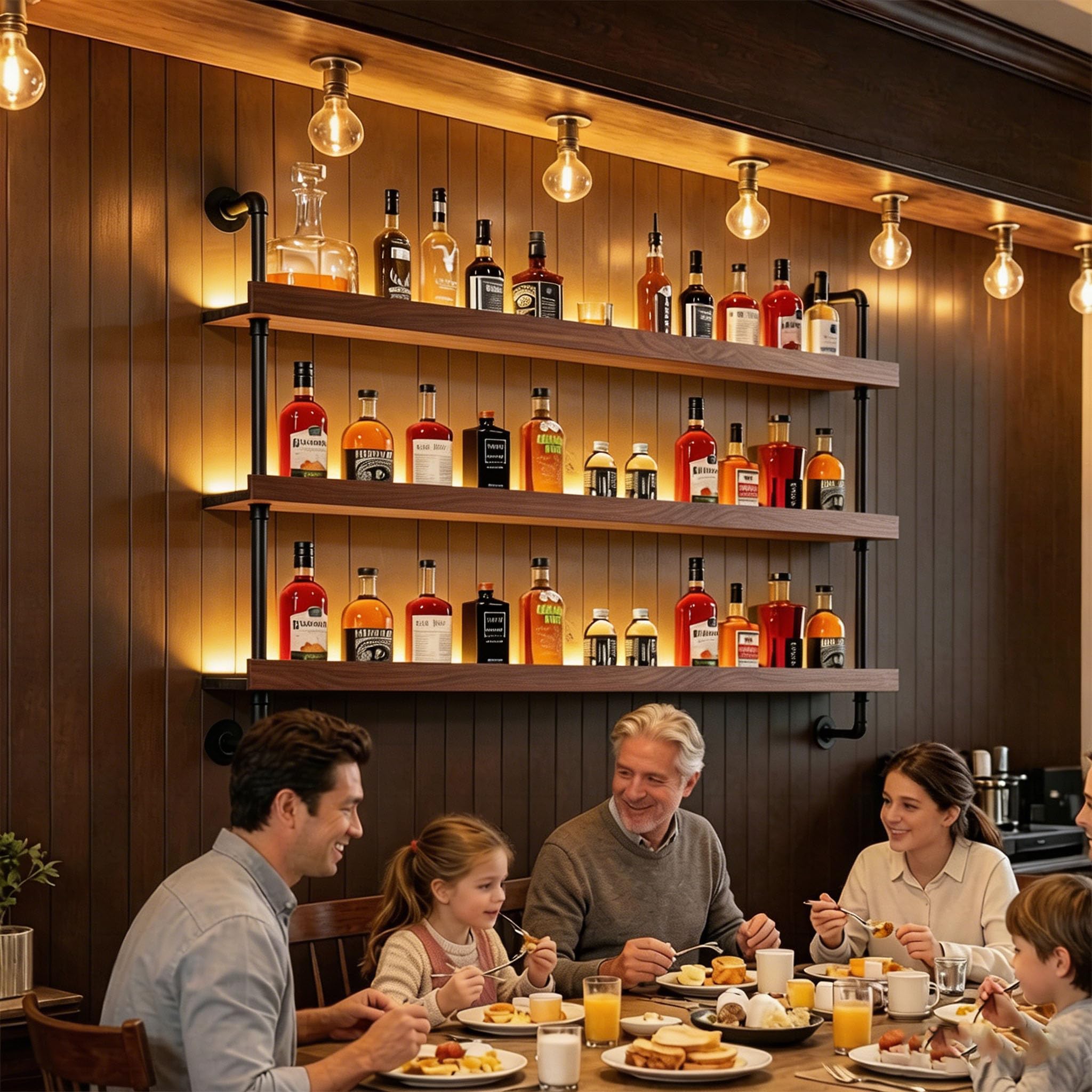 Portabottiglie da Parete con Luci a LED, Ripiani Espositivi Galleggianti in Ferro e Legno a 2 o 3 Livelli per Liquori, Portabottiglie da Parete Industriale, per Bar e Cucina (Noce, 3-125CM)