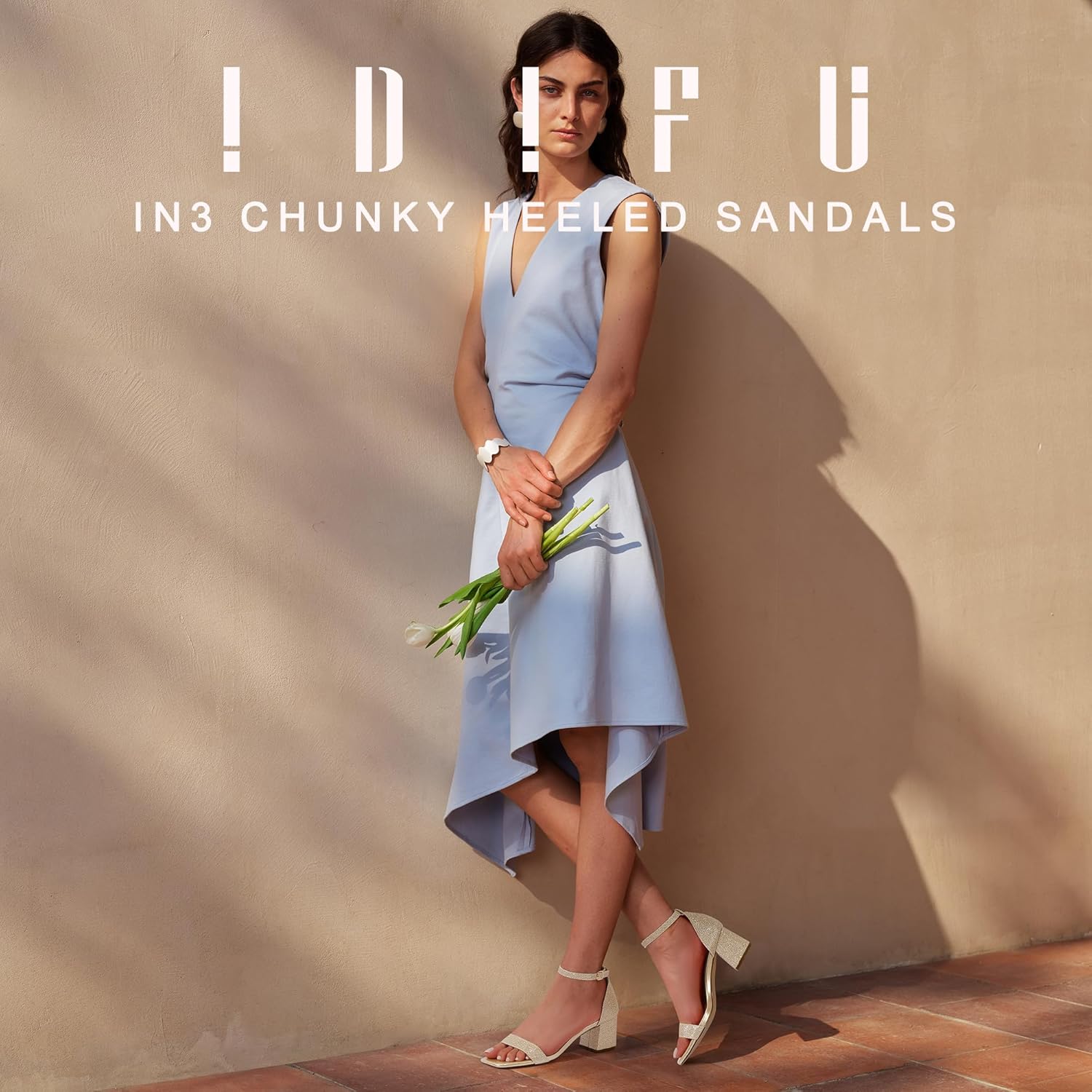 IDIFU IN2 Chunky Heels Block Low Short Square Open Toe Heel Sandals Ankle Strap Small Thick Ladies Dress Shoes for Women Wedding Work Prom Summer Comfortable Cute Trendy Heels - Image 2