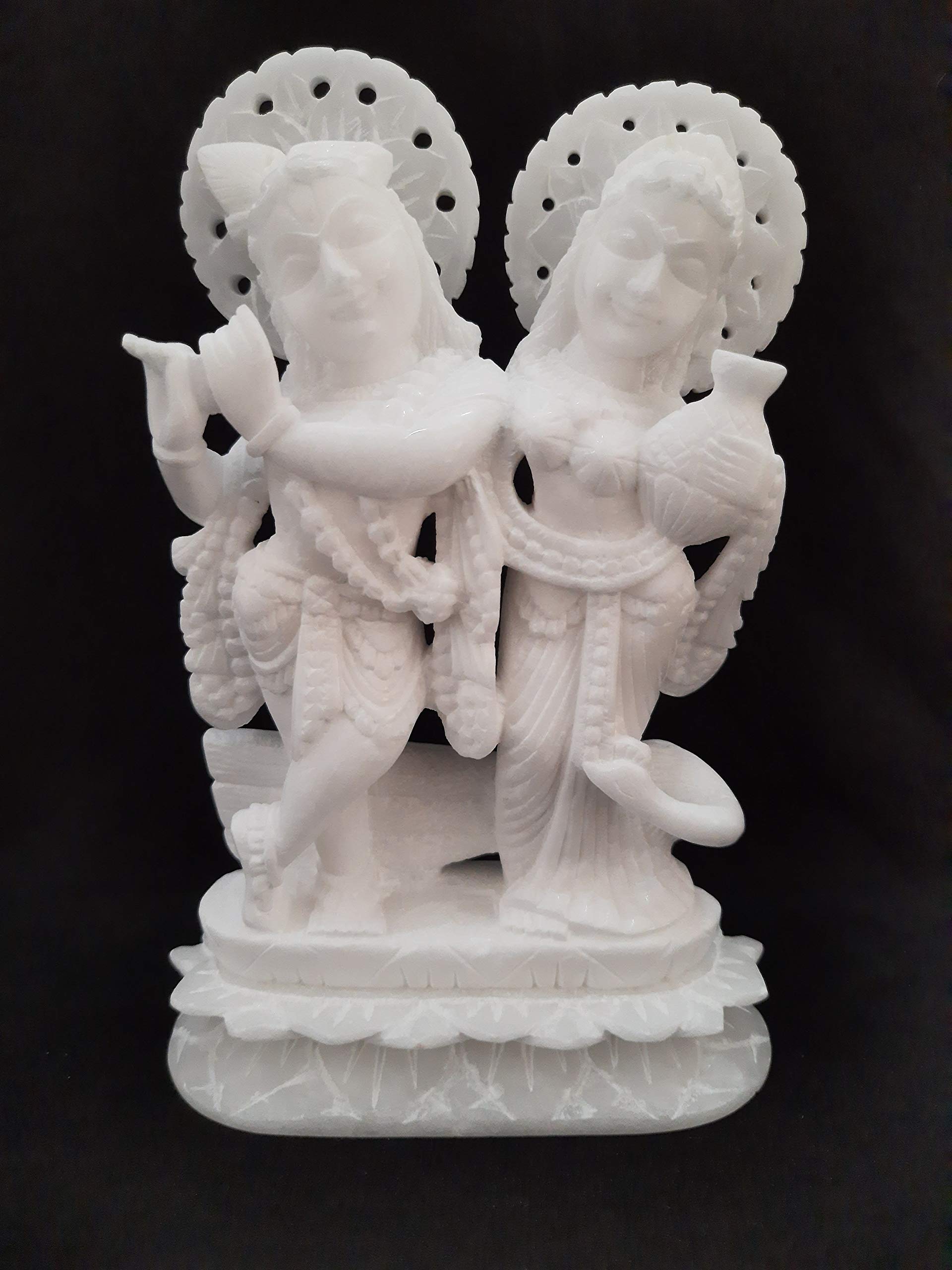 Shri Hans Creation ISKCON Krishna-Radha yugal-Pair Idol-Murti with Peacock White Soft Marble Vrindavan (White, 12)