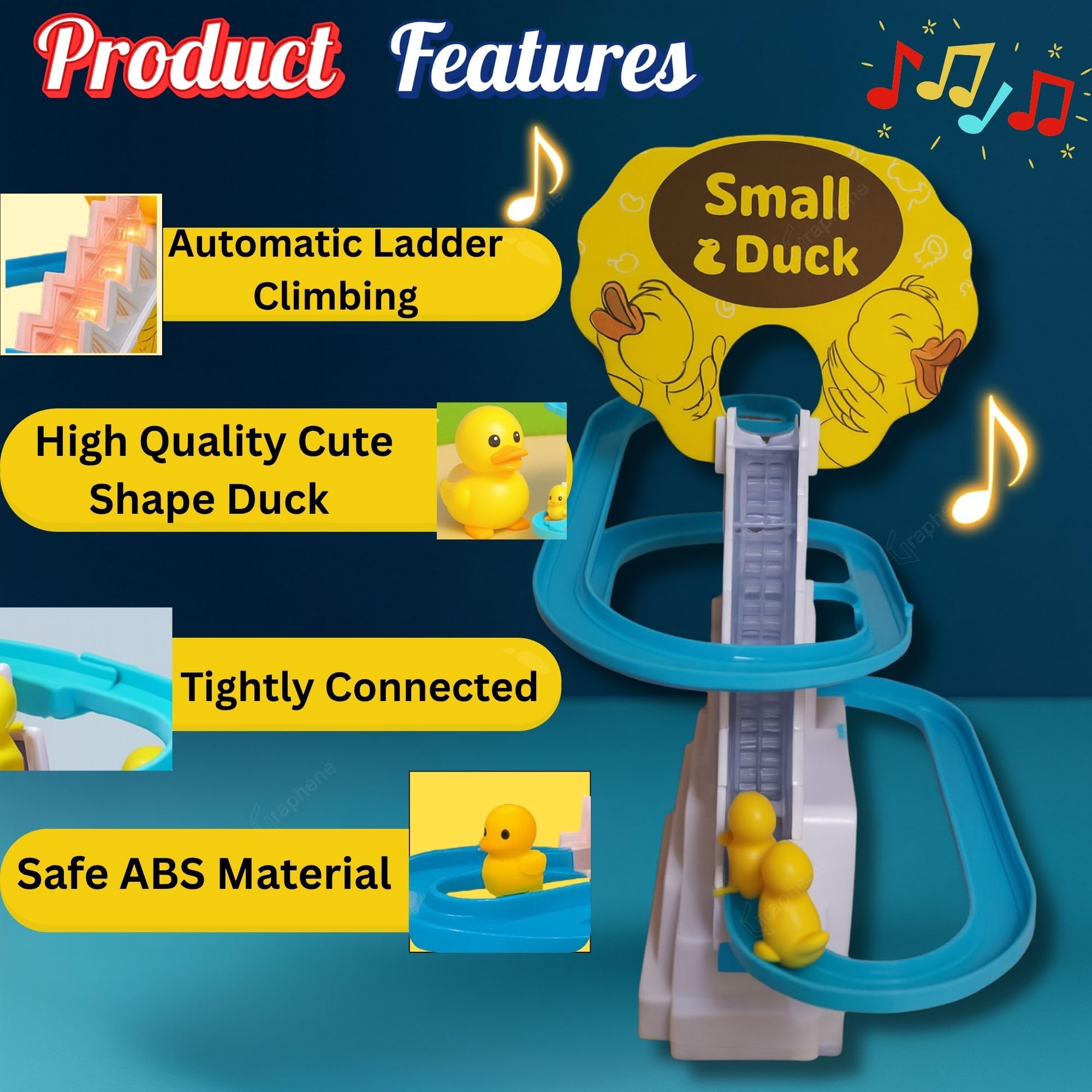GRAPHENE Ducks Slide Toy Set with 2 Cells Stair Climbing Duck Track Toy Light Musical 3 Duckling Moving Escalator Automatic Cartoon Chasing Race Gift for Kids 1+ 2 3 4 5 Years Baby Girls Toddlers - Image 4 thumbnail