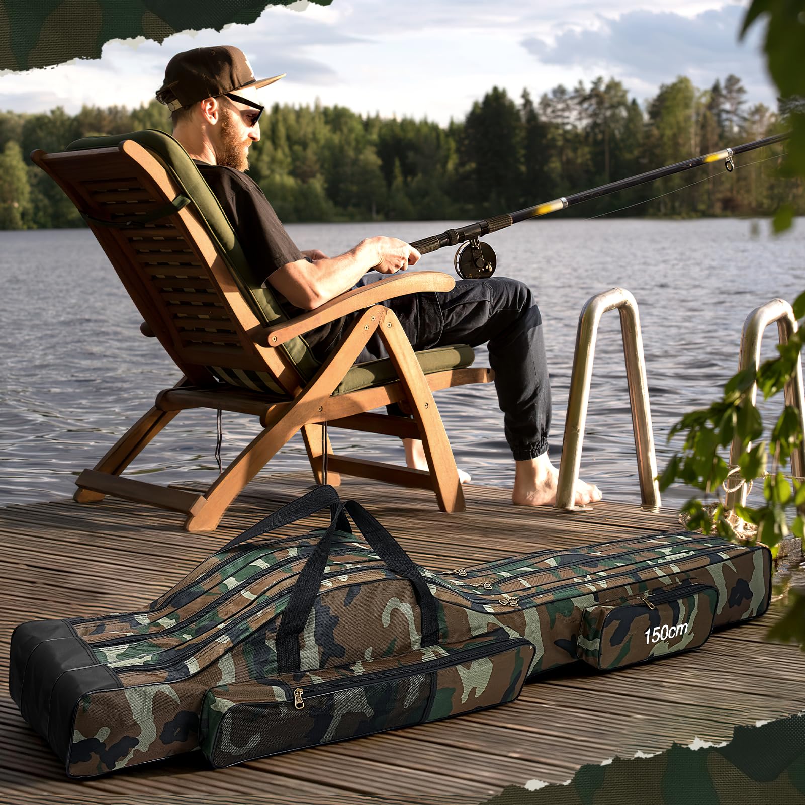 Bolsa para Caña de Pescar Portátil, 150cm Plegable Alta Capacidad Bolsa de Almacenamiento para Caña de Pescar con 3 Capas Impermeable Duradero Bolsa de Transporte para Caña de Pescar (Marrón)