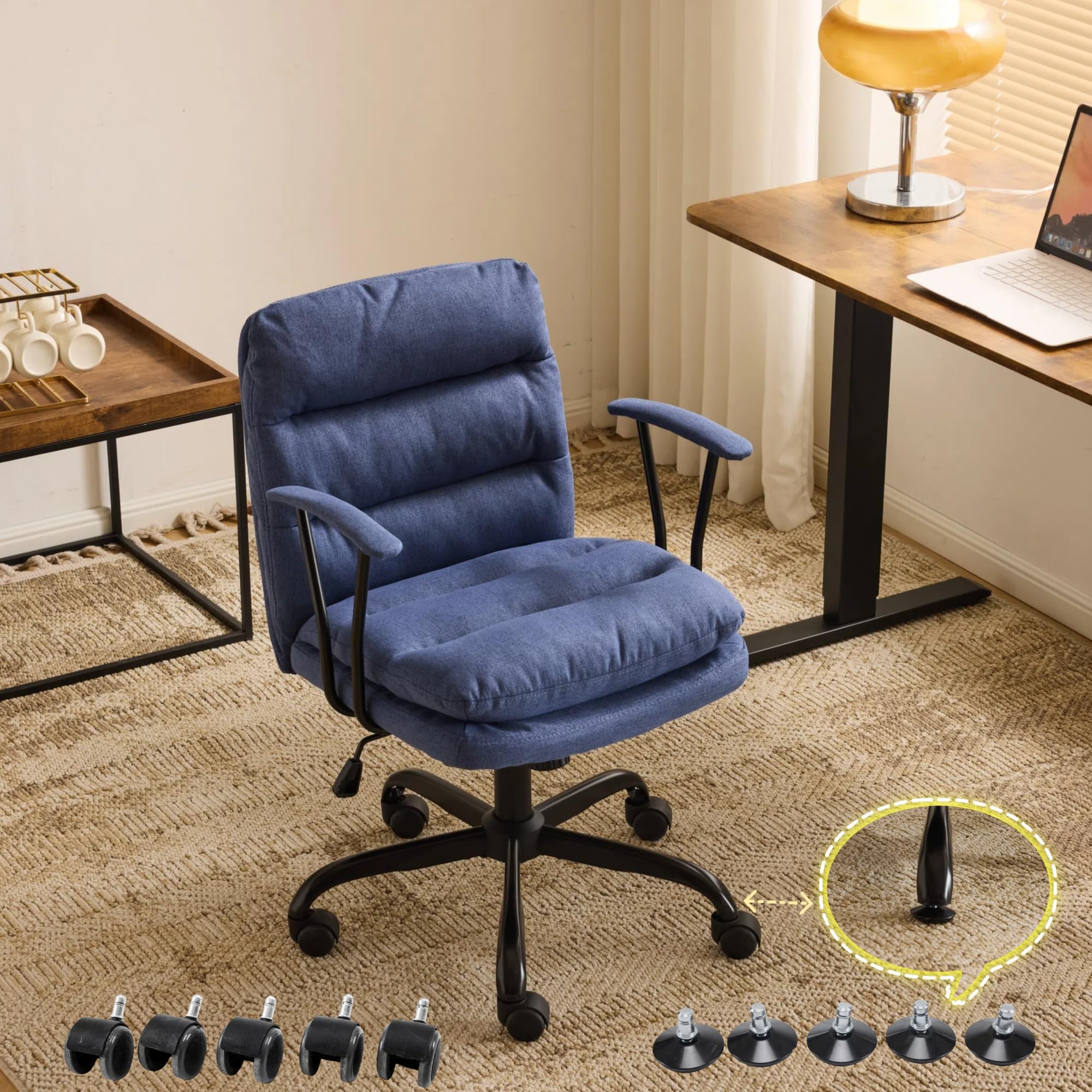 VINGLI Comfortable Office Desk Chairs with/No Wheels,Dual-Base,Removable Armrests,Adjustable Comfy Rolling Swivel Computer Nail Tech Chair for Office,