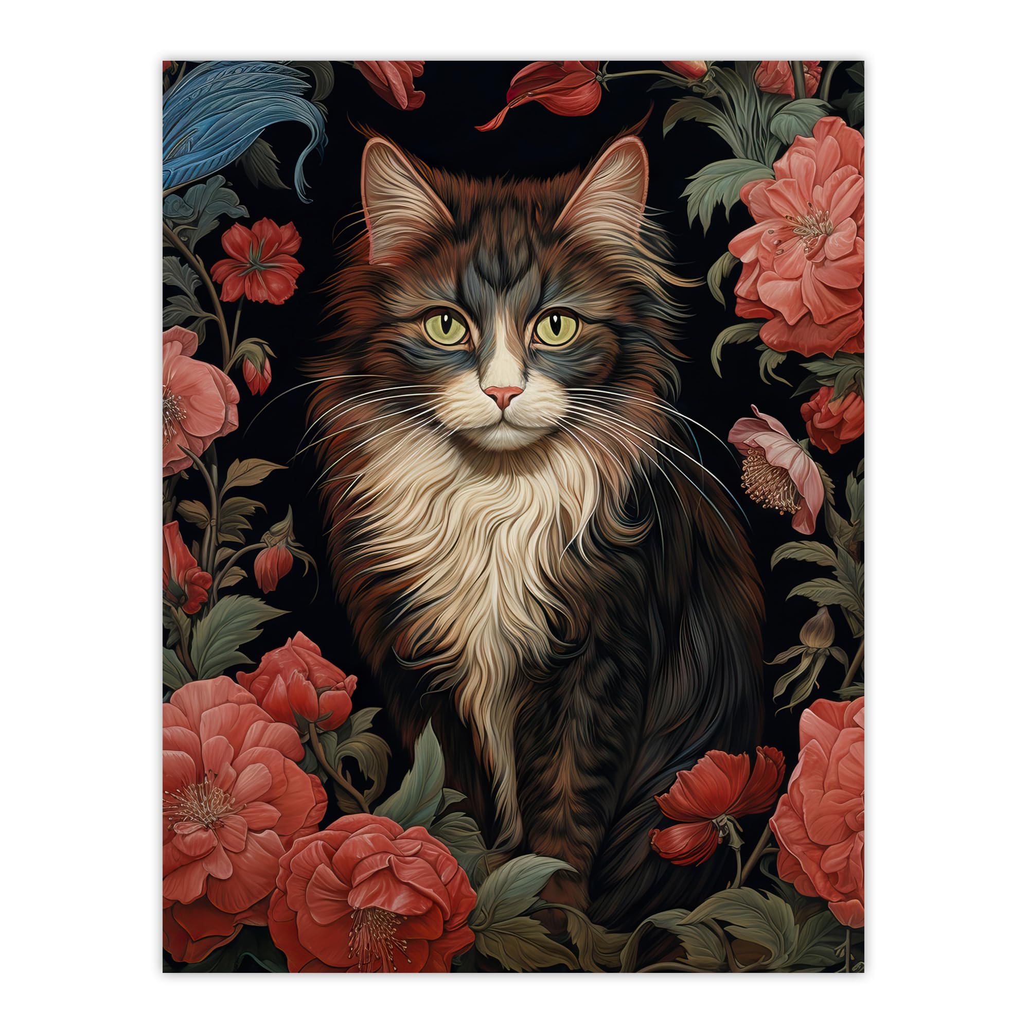 Artery8 Maine Coon Cat Pink Flower Garden Art Poster Print 18x24 Inch
