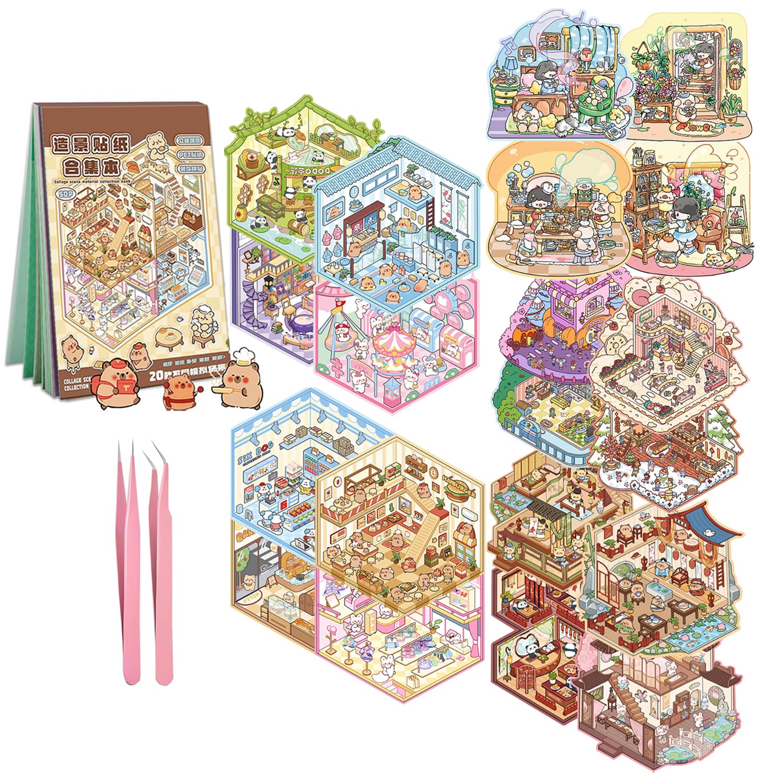 Scene Sticker Book for Kids, 20 Sets of 3D Sticker Scenes for Adults Fun Cute Kawaii Stickers 3D Miniature Scene Therapy, 3D House Stickers Kit Relief Stress Pass The Time, Holiday & Christmas Fun