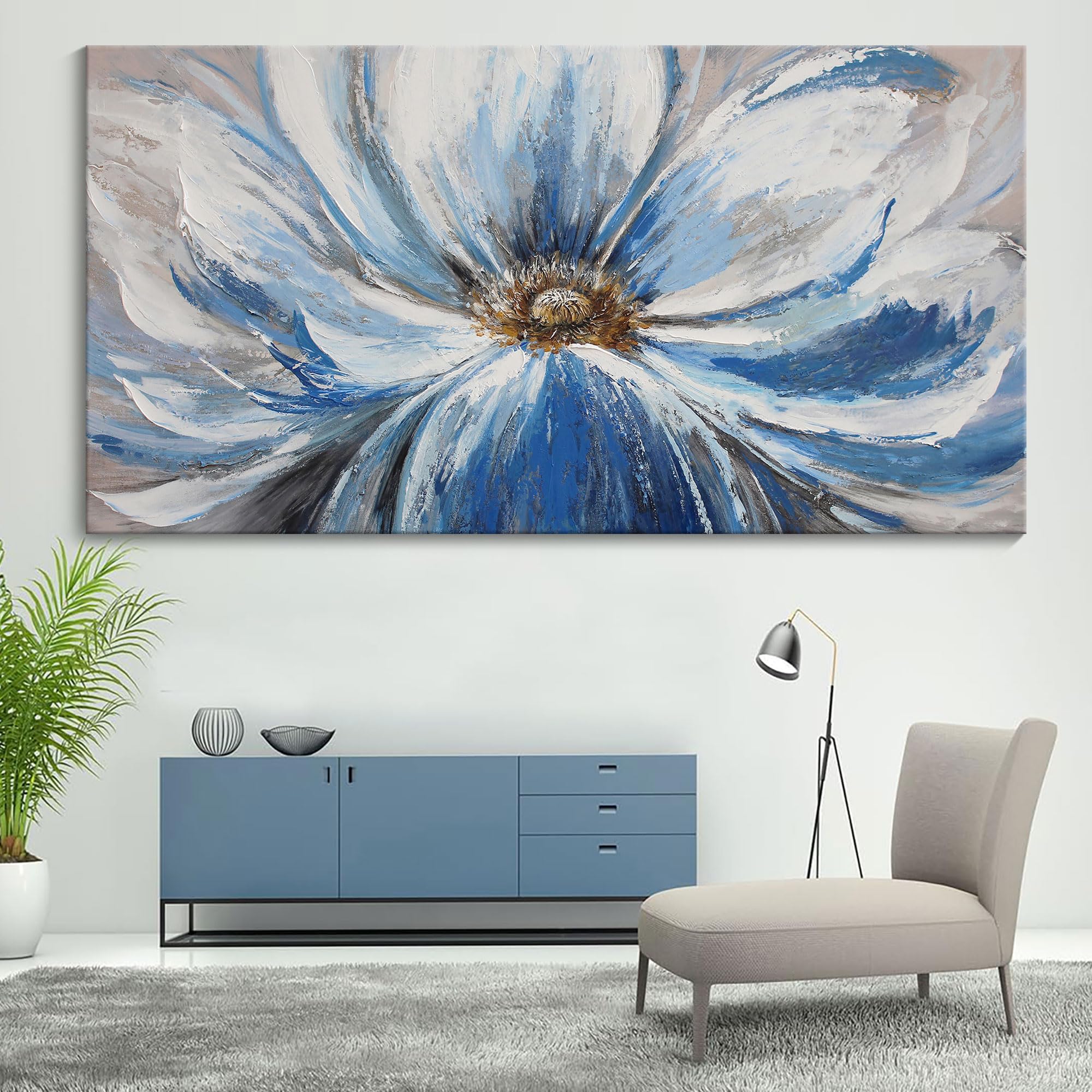 Flower Canvas Wall Art for Living Room Large White Blue Flower Picture Giclee Print Painting Wall Decor Framed Artwork Ready to Hang for Home Bedroom Wall Decoration Size 20x40