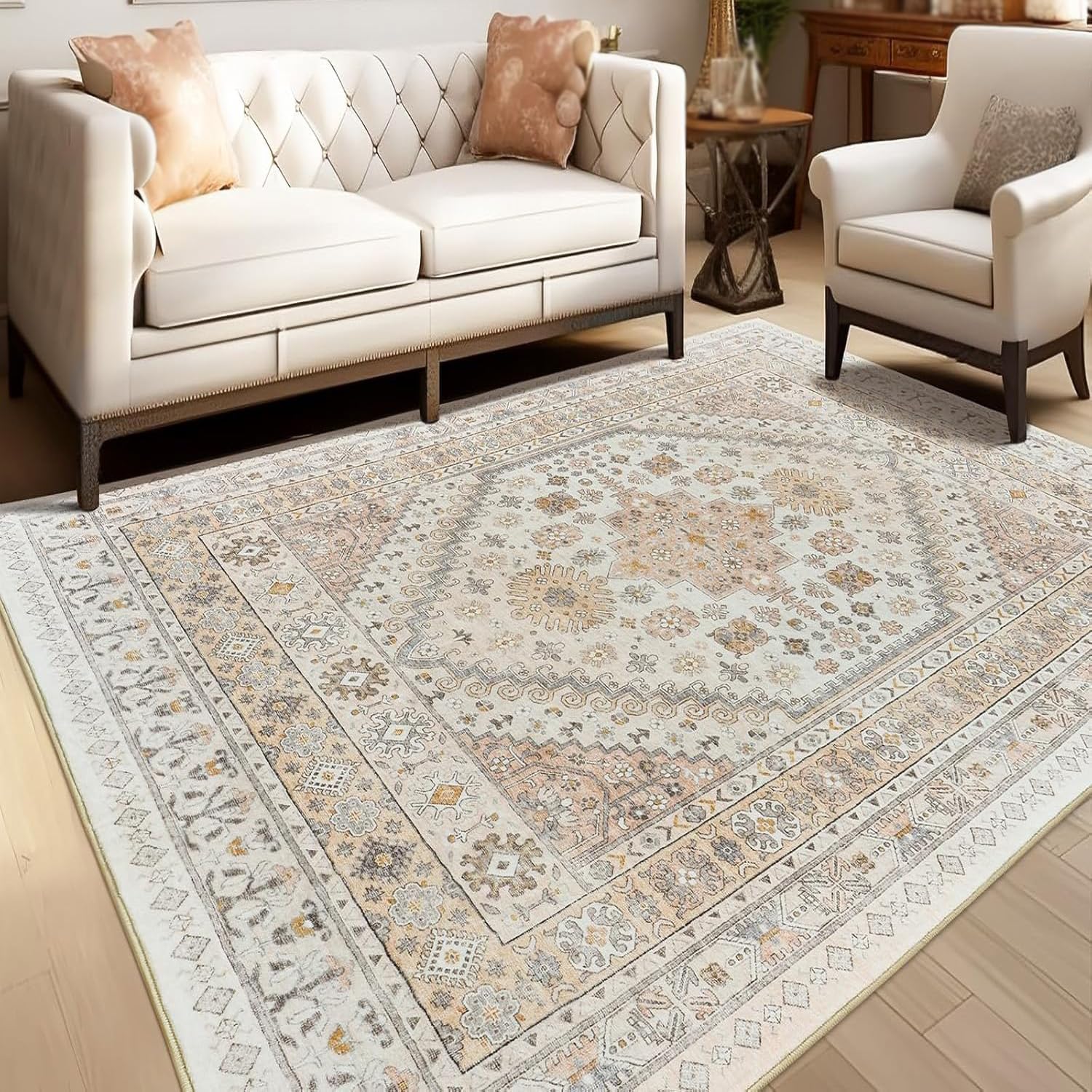 Tapis de salon lavable carré 150x150 cm vintage oriental beige gris