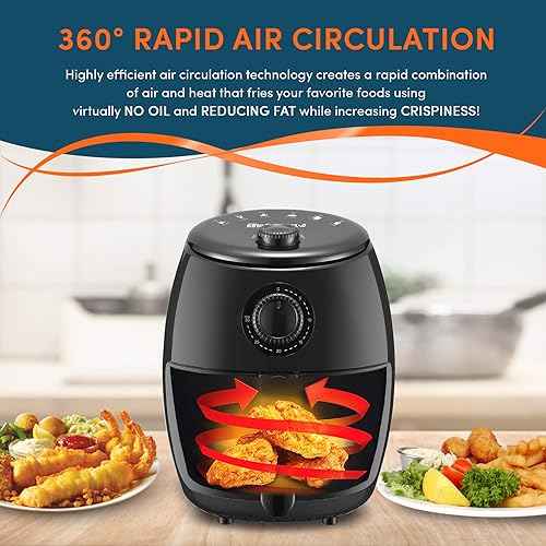 Miniatura 2 de Elite Gourmet EAF0201X Freidora eléctrica de aire caliente compacta personal que ahorra espacio, sin aceite, cocina saludable, temporizador y