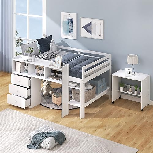 JIVOIT Cama baja tipo loft de madera con escritorio portátil rodante cama alta de tamaño matrimonial con tres cajones y estantes cama alta para