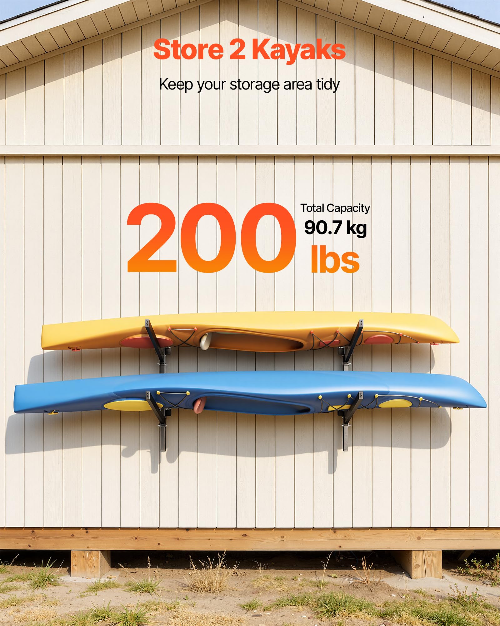 VEVOR Kajak-Aufbewahrungsregal Wandhalterung für 2 Kajaks/Kanus/Surfbretter/Paddleboards/Kleine Boote, Kajakständer mit 90,7 kg Tragkraft, Einstellbarer Kajakhalterung Lagergestell für Garage Steg