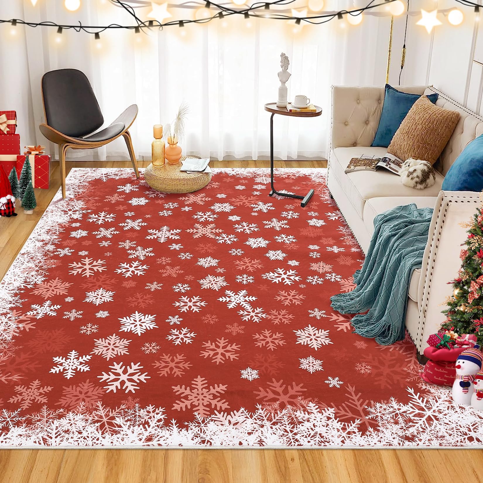 Garvee Tappeto Natalizio per Camera da Letto, Rosso 140x200 cm, Tappeto Moderno Lavabile con Fiocchi di Neve, Antiscivolo, Morbido e Resistente alle Macchie per Soggiorno, Sala da Pranzo, Aula