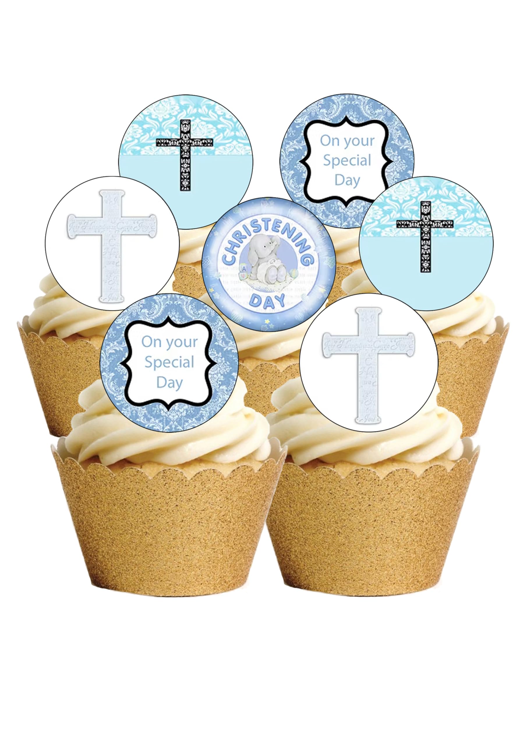 Top That Men's White 24 Precut Round Edible Wafer Paper Christening Baby Boy Toppers Cake Decorations