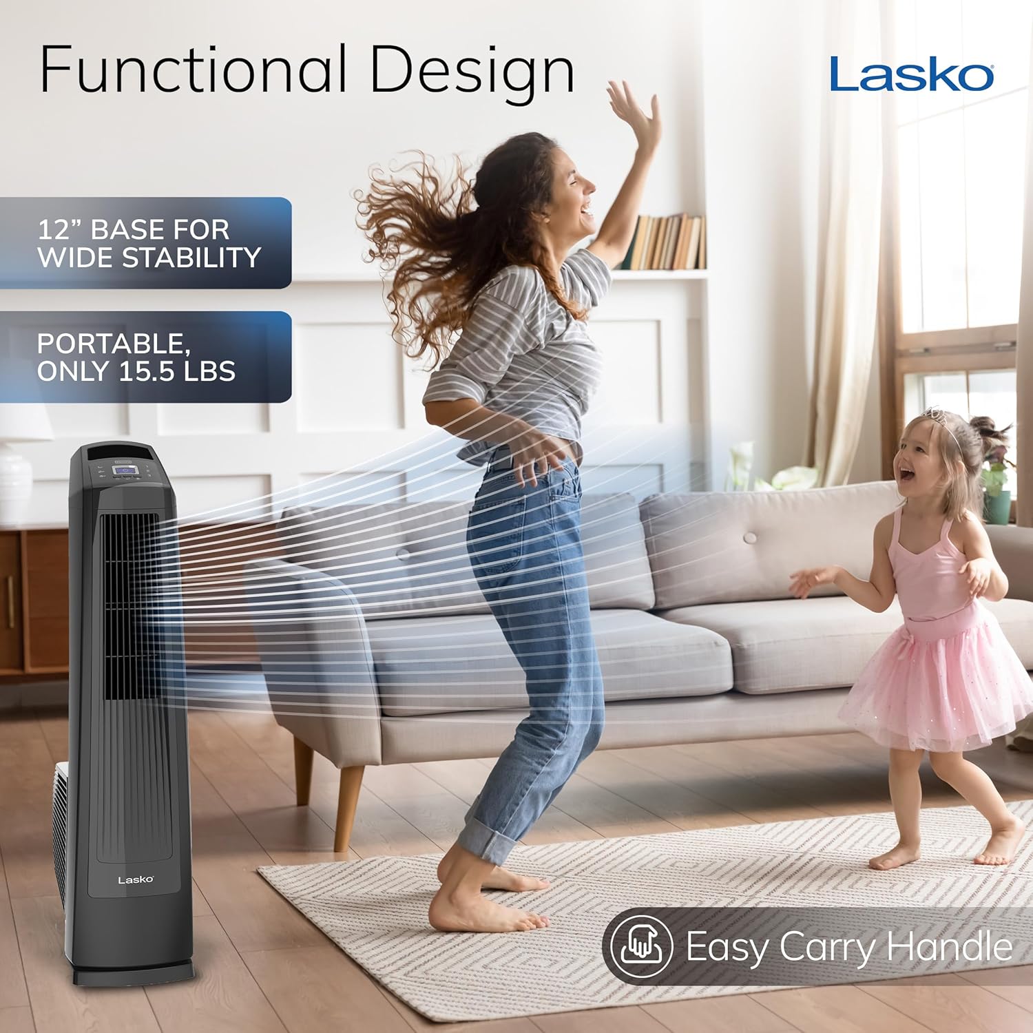 Lasko High Velocity Oscillating Tower Fan, 3 Powerful Speeds, Timer, Adjustable Directional Louvers, Remote Control, For Bedroom, Basement, Garage Use, Black, 35", U35122