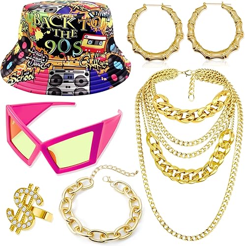 Accesorios de los años 90 para mujer, disfraz de hip hop de los años 80, sombrero de rapero de la vieja escuela, lentes de sol, aretes de bambú,