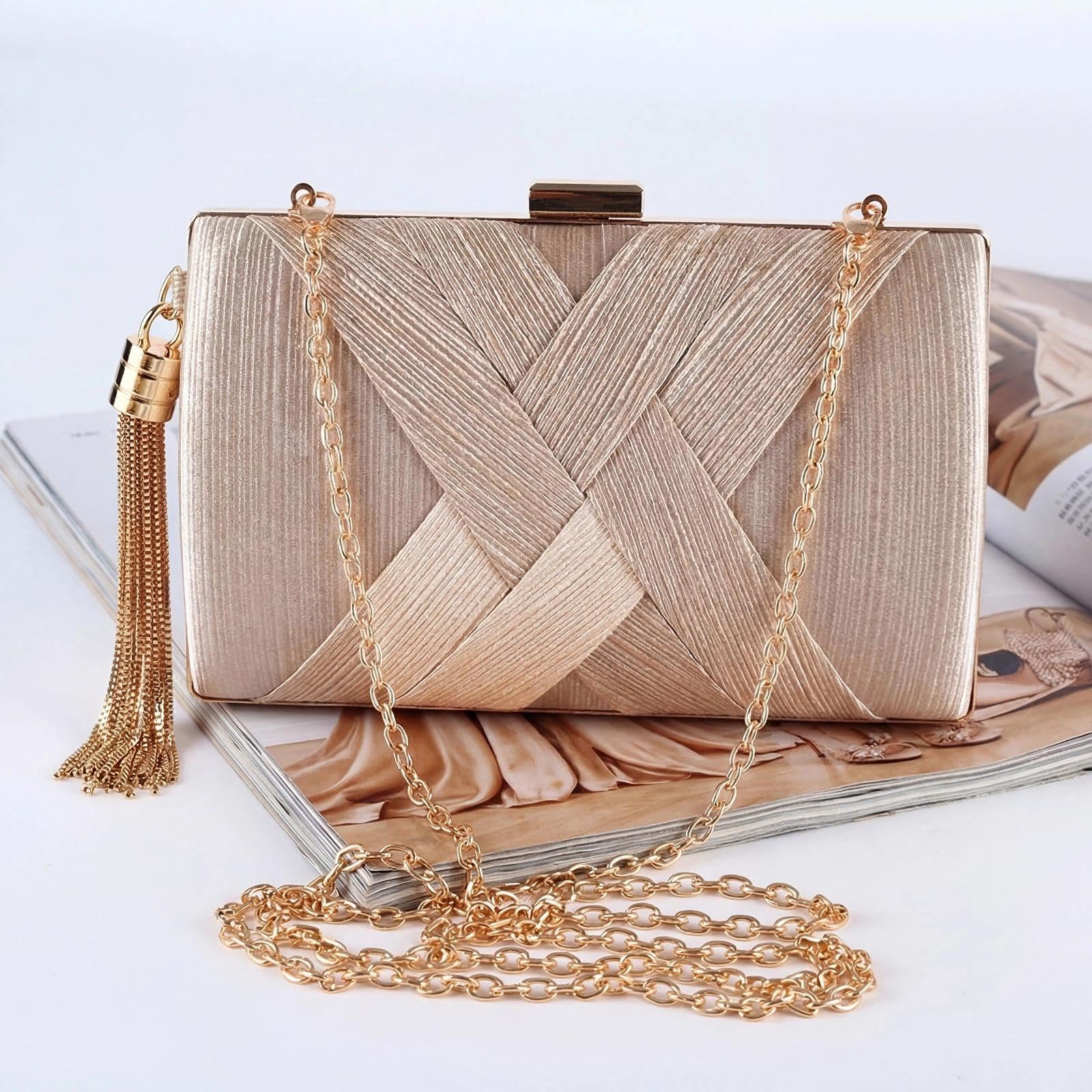 Pochette Oro da Sera Clutch Donna Pochette Dorata Cerimonia con 2 Catena, Elegante Borsa da Sera con Nappa da sposa Borsa Tracolla Piccola Borsetta per Feste di Matrimonio (Champagne)