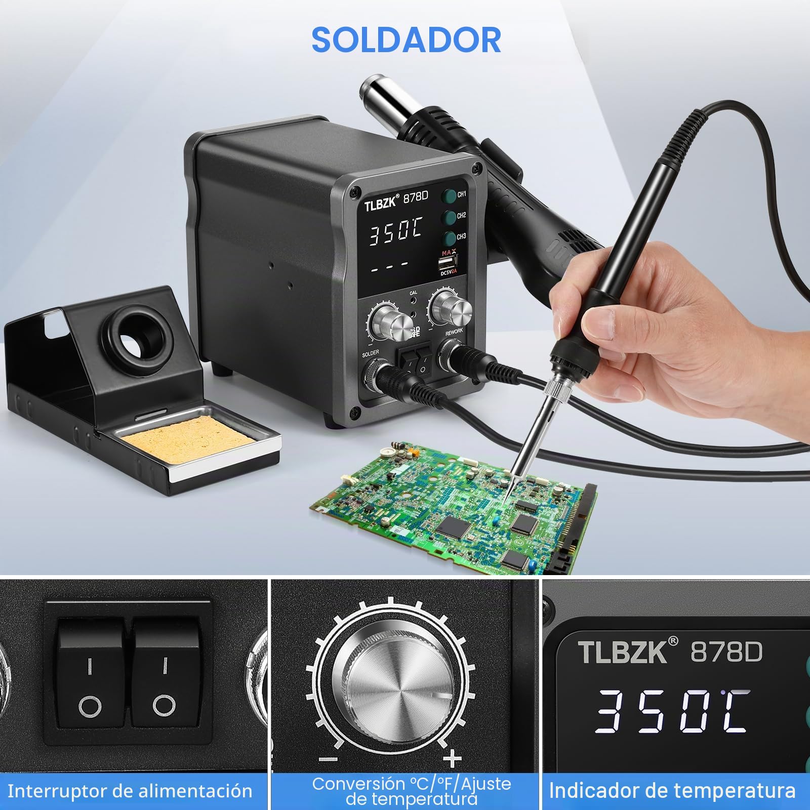 878D Kit 2 en 1 de estación de soldadura de aire caliente para retrabajo, bomba desoldadora, 5 puntas de soldadura, 3 boquillas de aire caliente, pinzas, extractor de circuitos integrados
